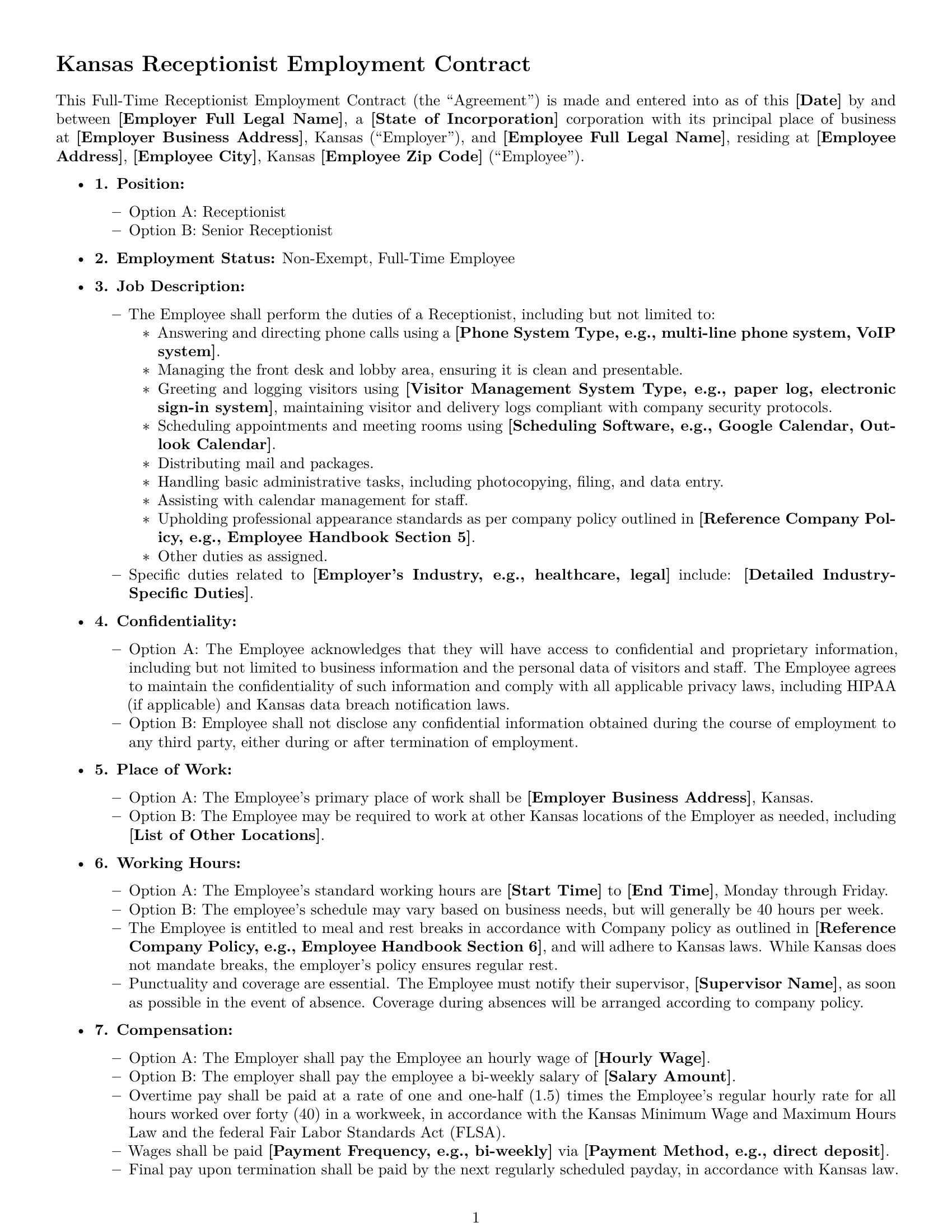 Preview page 1 of Free Kansas receptionist employment contract template