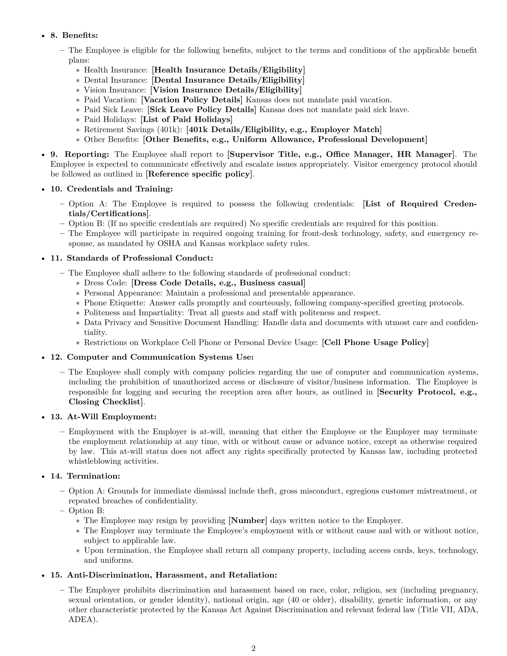 Preview page 2 of Free Kansas receptionist employment contract template
