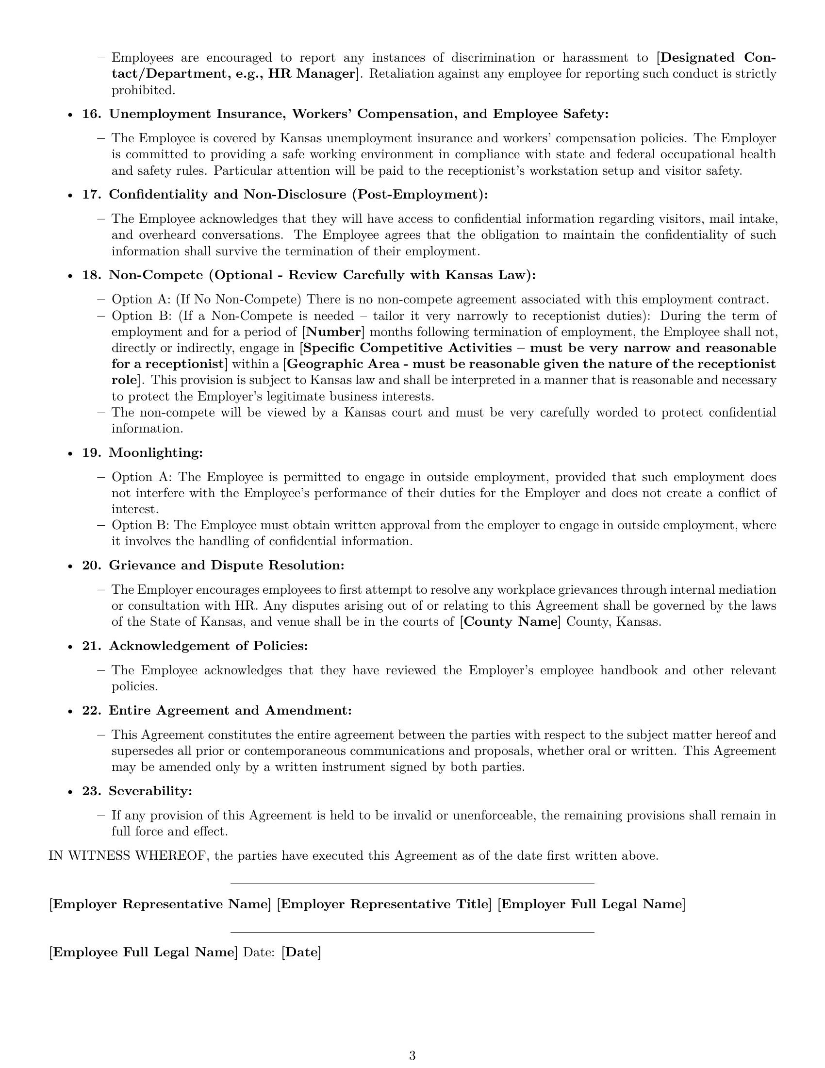Preview page 3 of Free Kansas receptionist employment contract template