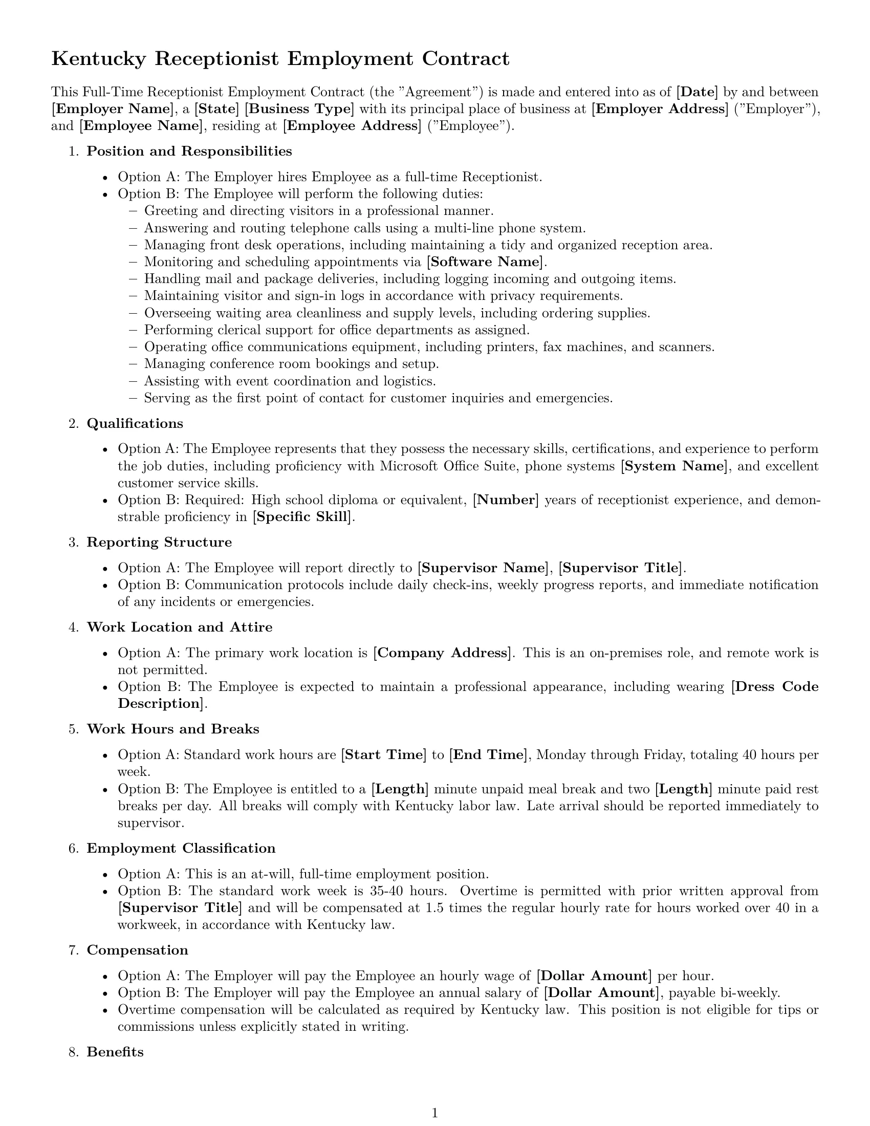 Preview page 1 of Free Kentucky receptionist employment contract template
