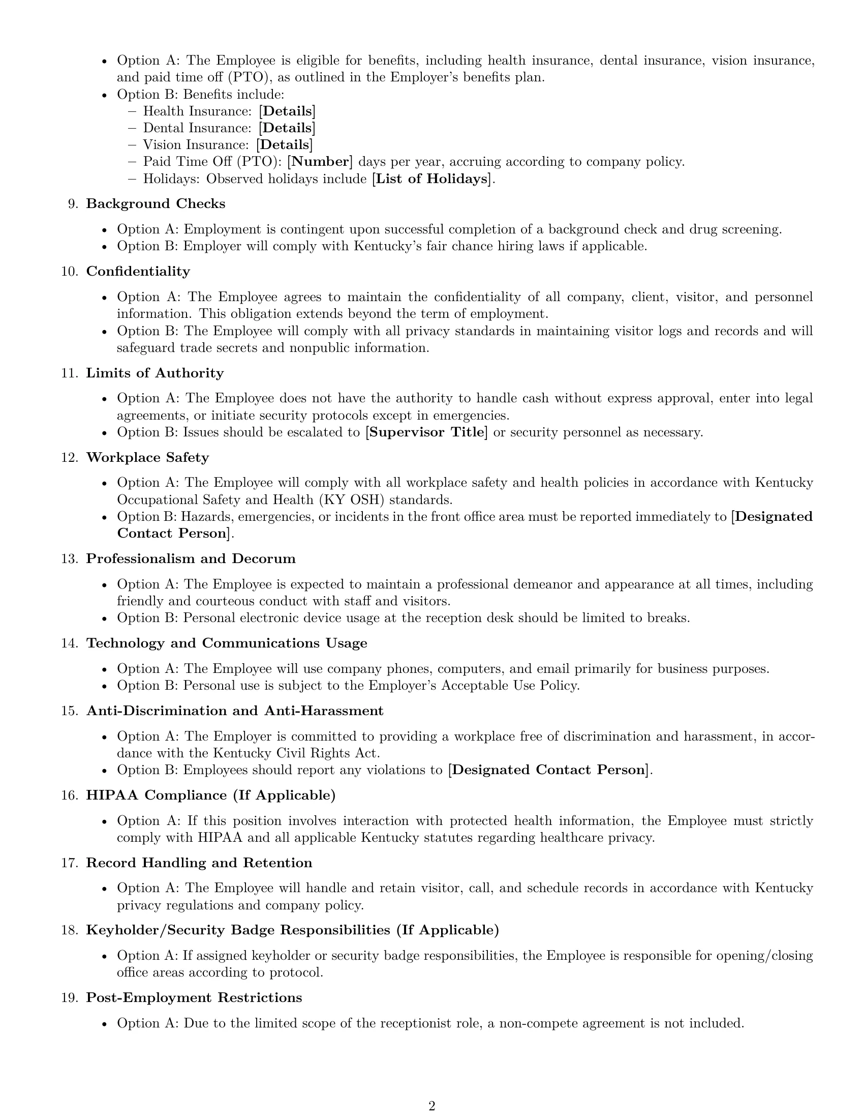 Preview page 2 of Free Kentucky receptionist employment contract template
