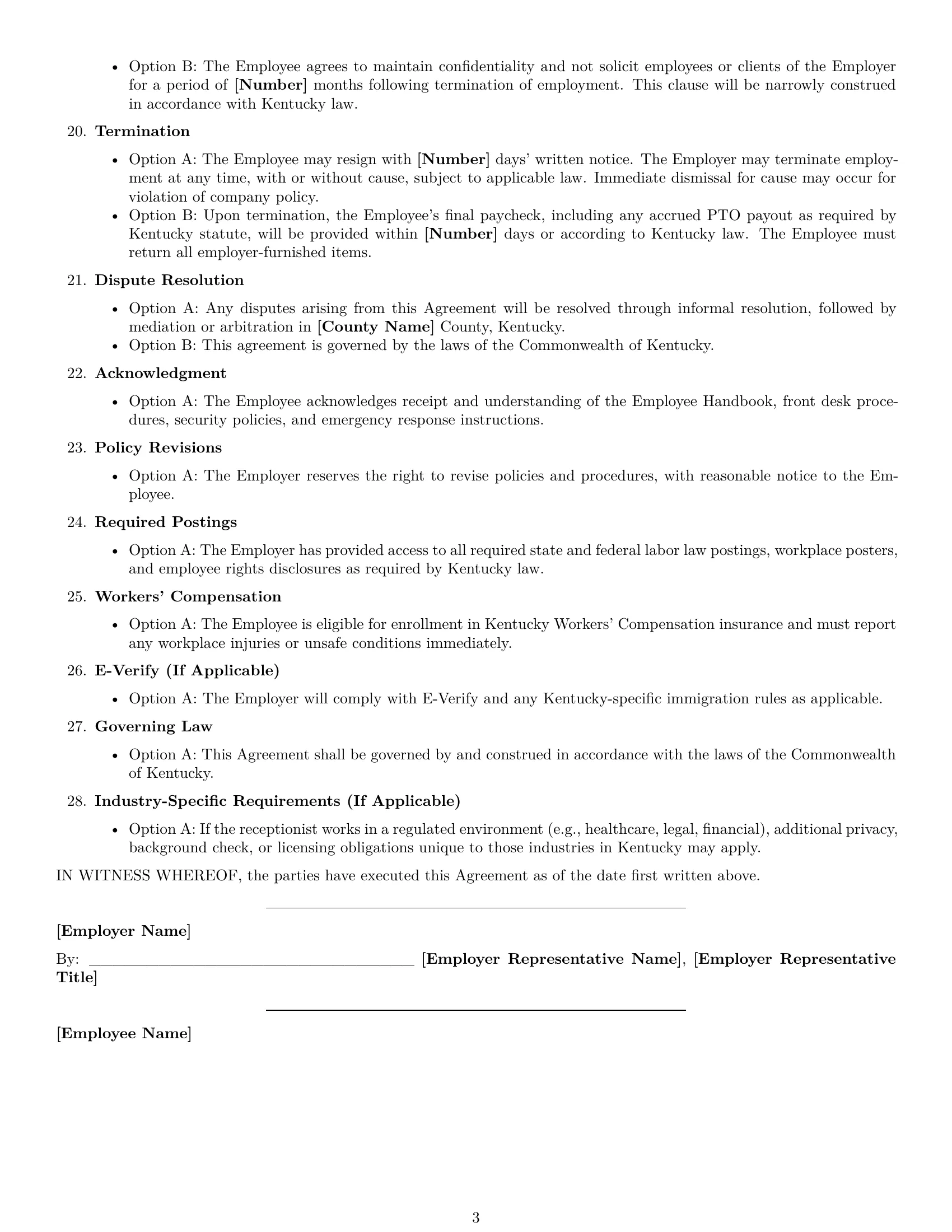 Preview page 3 of Free Kentucky receptionist employment contract template
