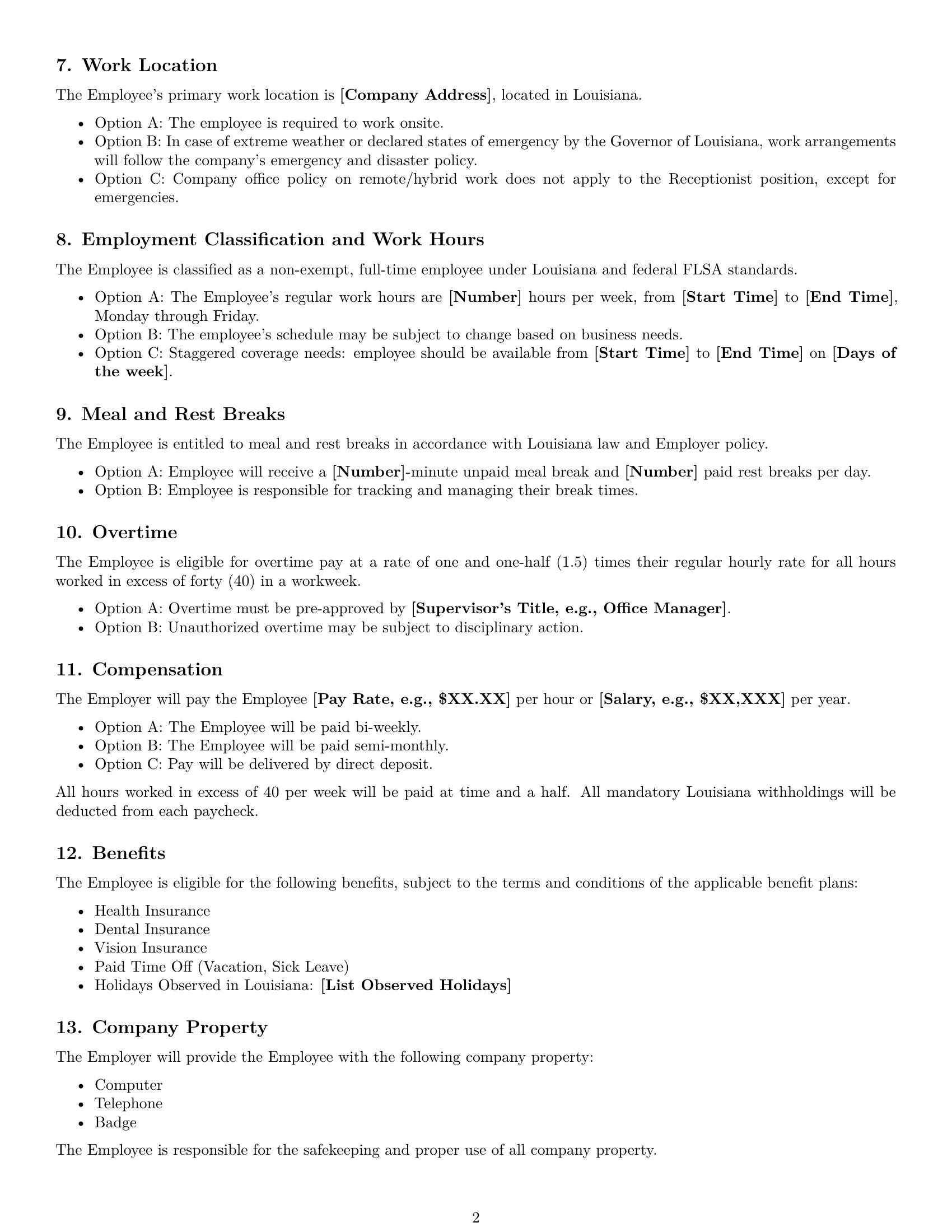 Preview page 2 of Free Louisiana receptionist employment contract template