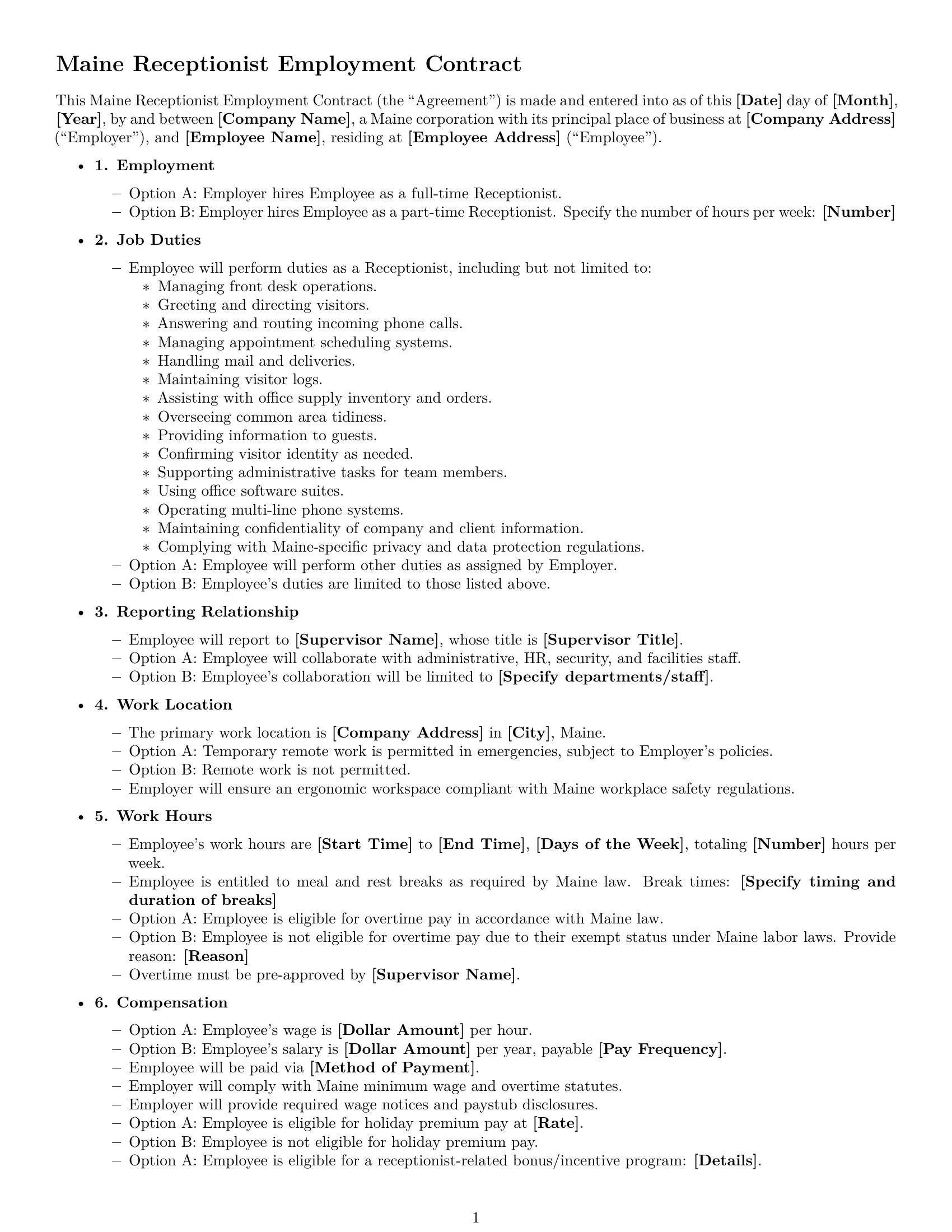 Preview page 1 of Free Maine receptionist employment contract template