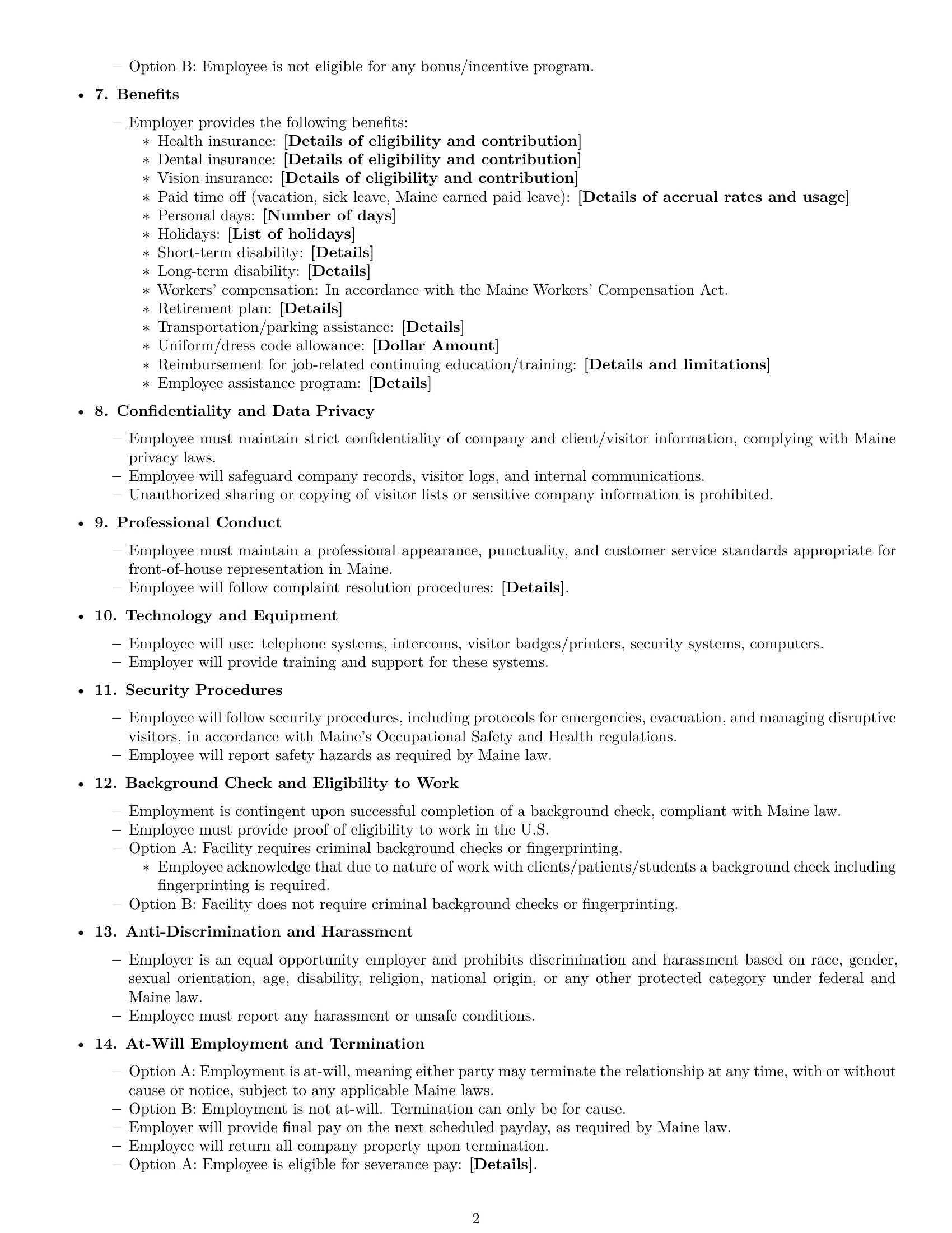 Preview page 2 of Free Maine receptionist employment contract template