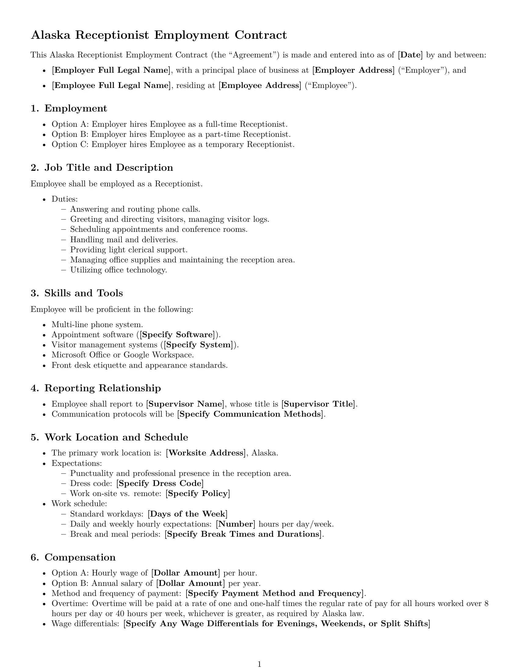 Preview page 1 of Free Alaska receptionist employment contract template