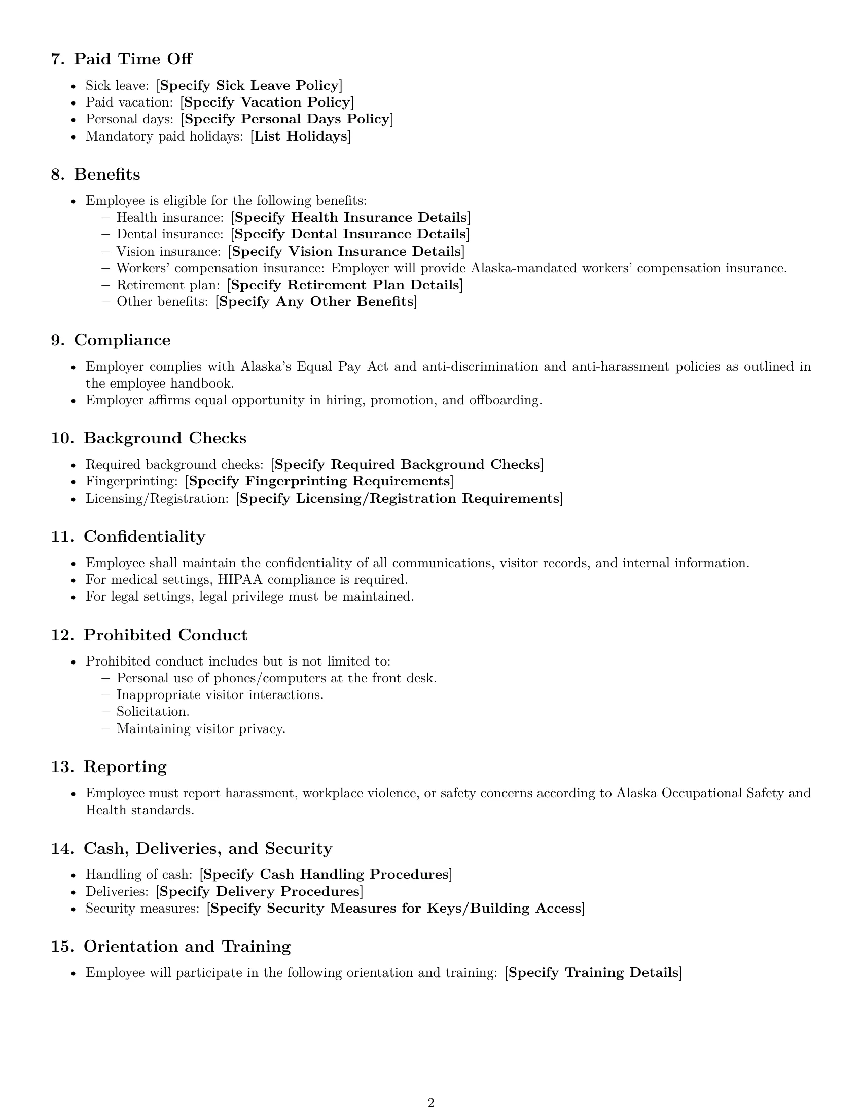 Preview page 2 of Free Alaska receptionist employment contract template