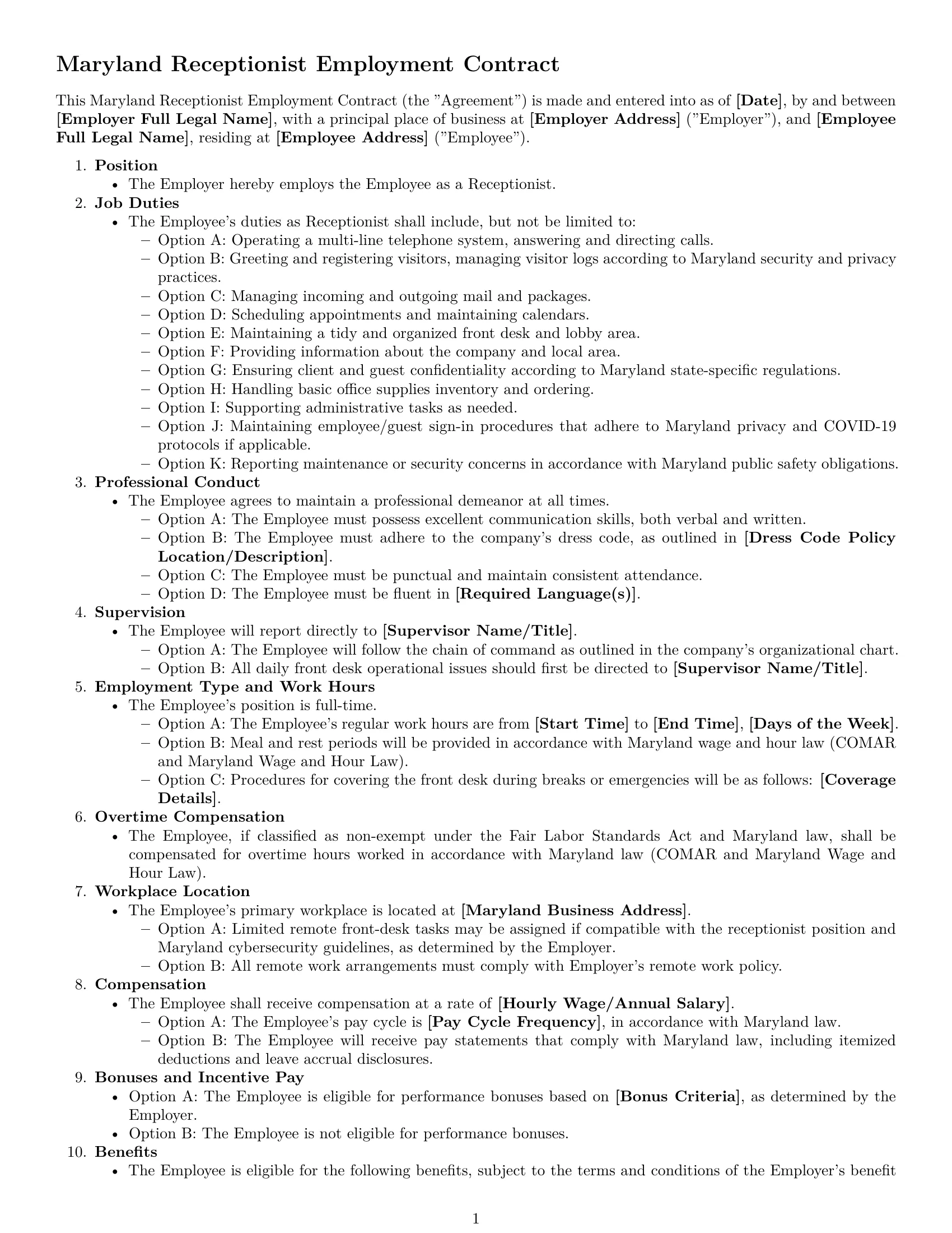 Preview page 1 of Free Maryland receptionist employment contract template