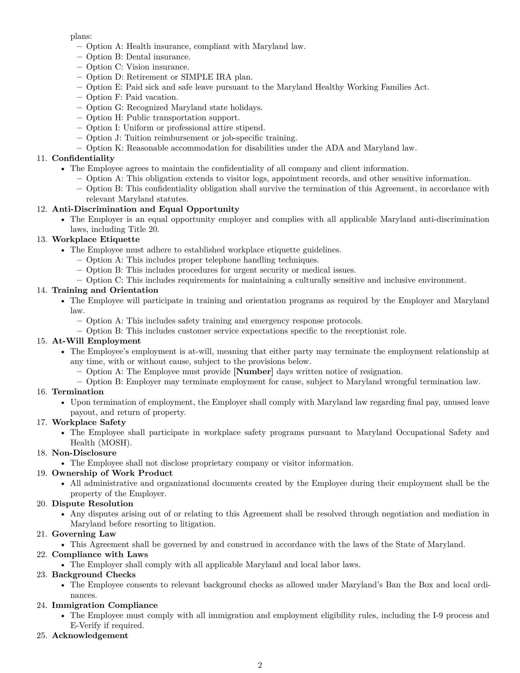 Preview page 2 of Free Maryland receptionist employment contract template
