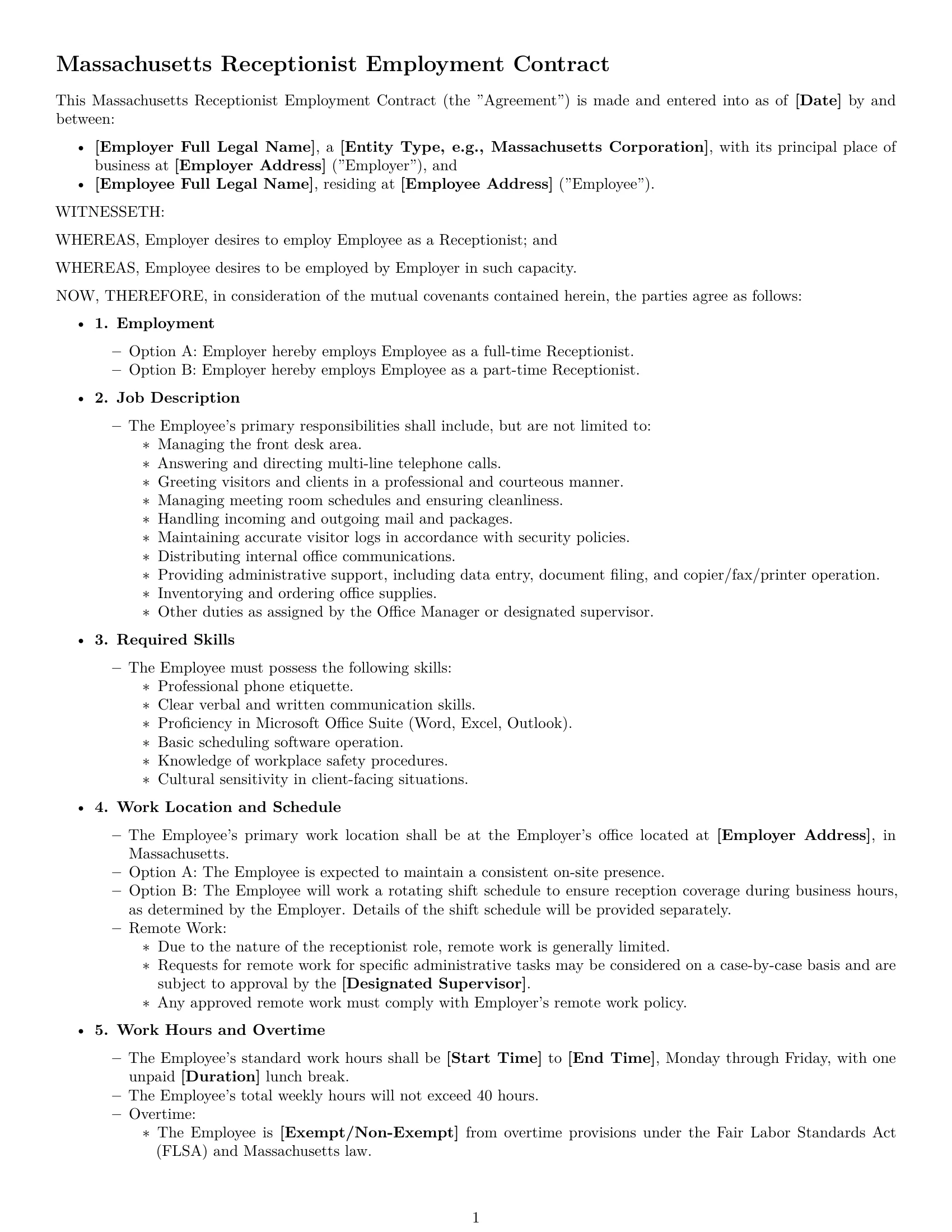 Preview page 1 of Free Massachusetts receptionist employment contract template