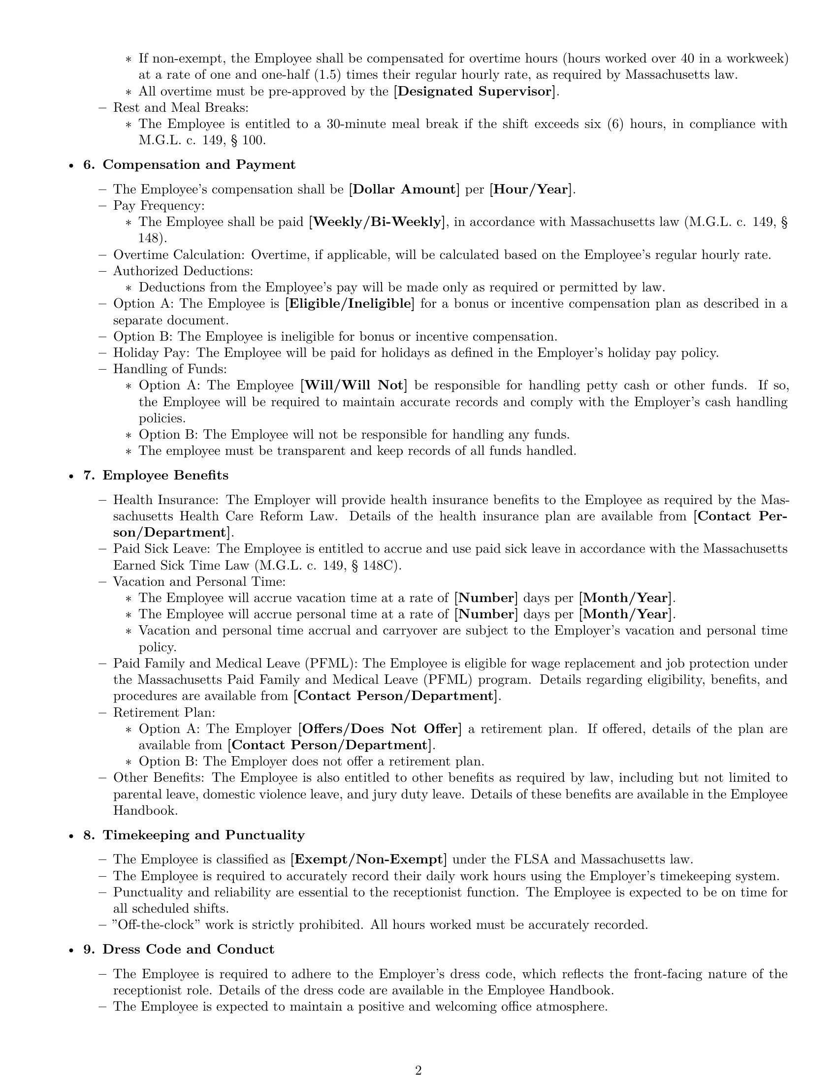 Preview page 2 of Free Massachusetts receptionist employment contract template