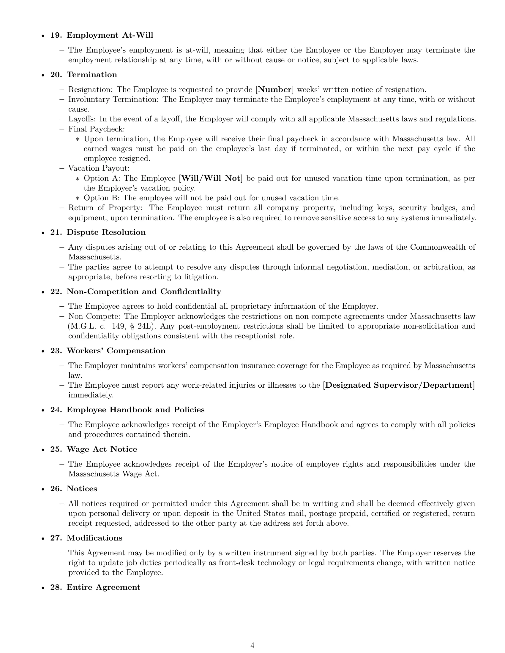 Preview page 4 of Free Massachusetts receptionist employment contract template