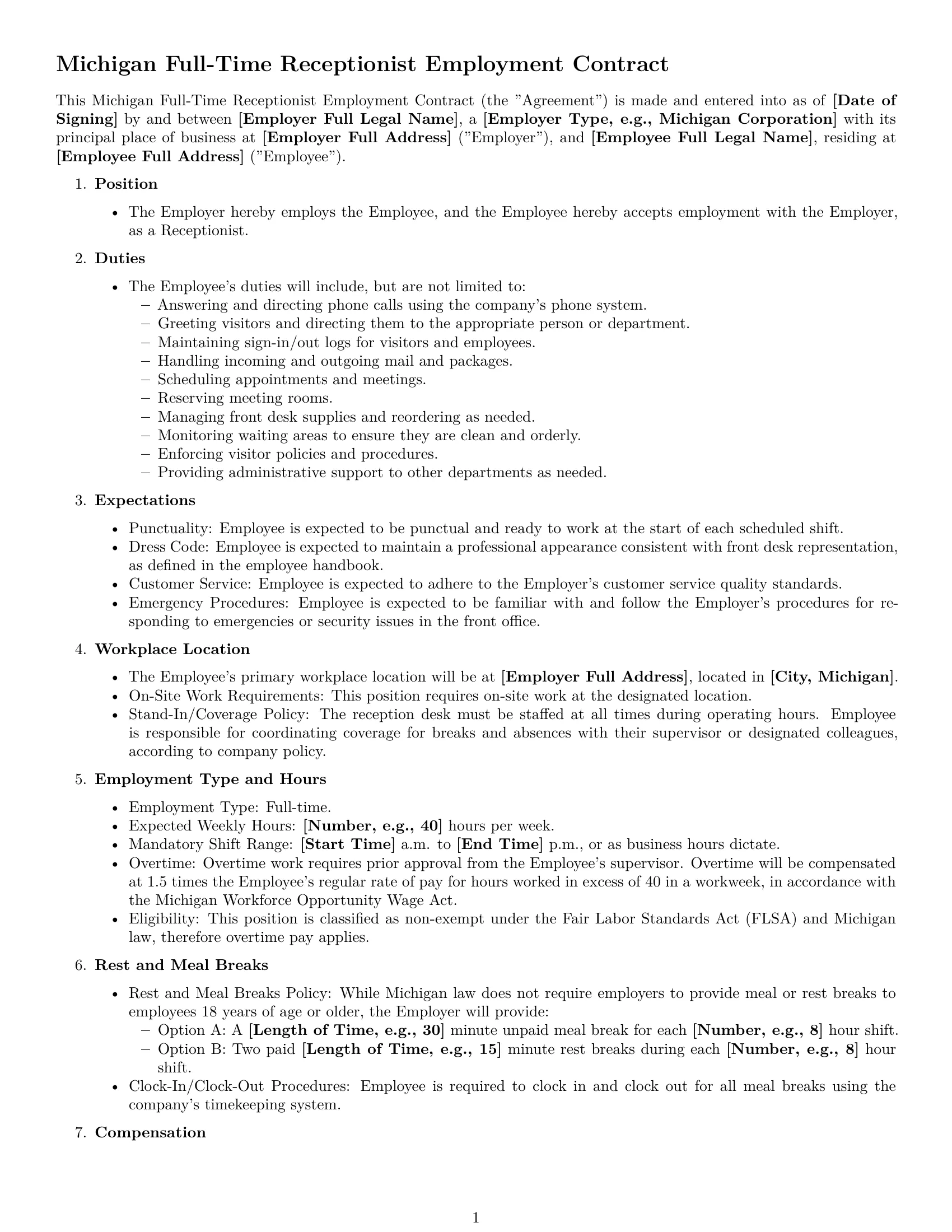 Preview page 1 of Free Michigan receptionist employment contract template