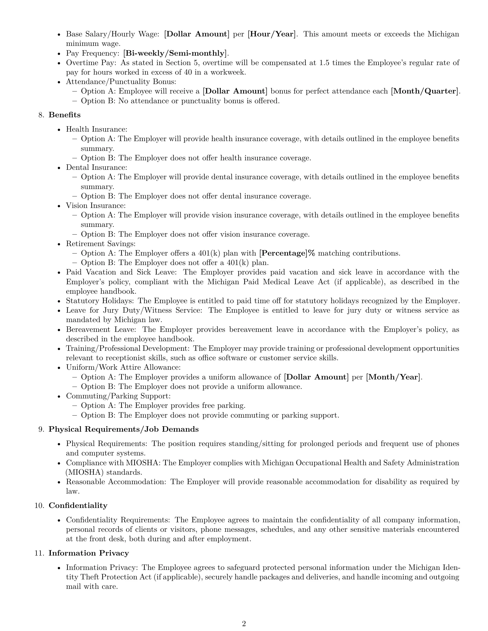 Preview page 2 of Free Michigan receptionist employment contract template