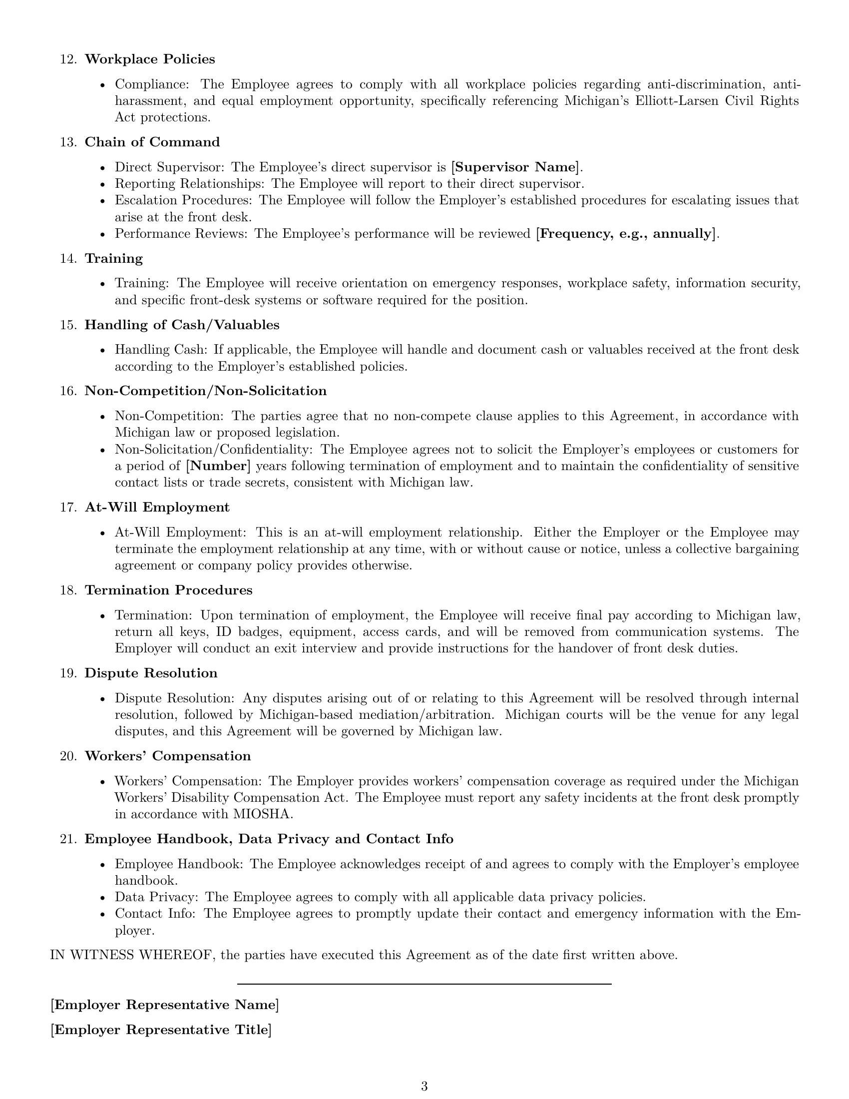 Preview page 3 of Free Michigan receptionist employment contract template