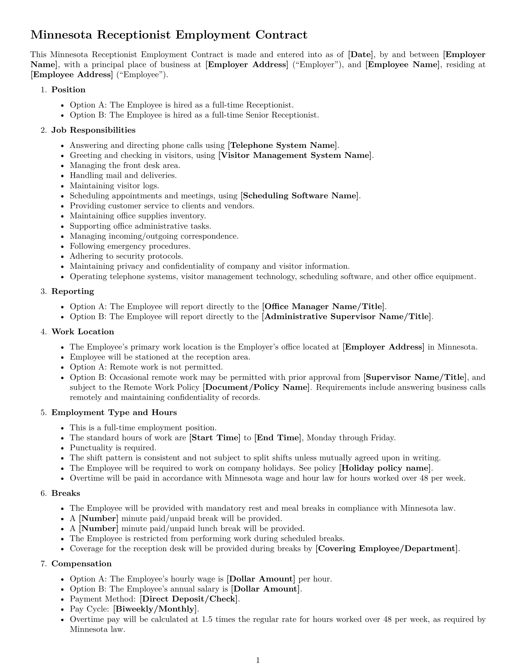 Preview page 1 of Free Minnesota receptionist employment contract template