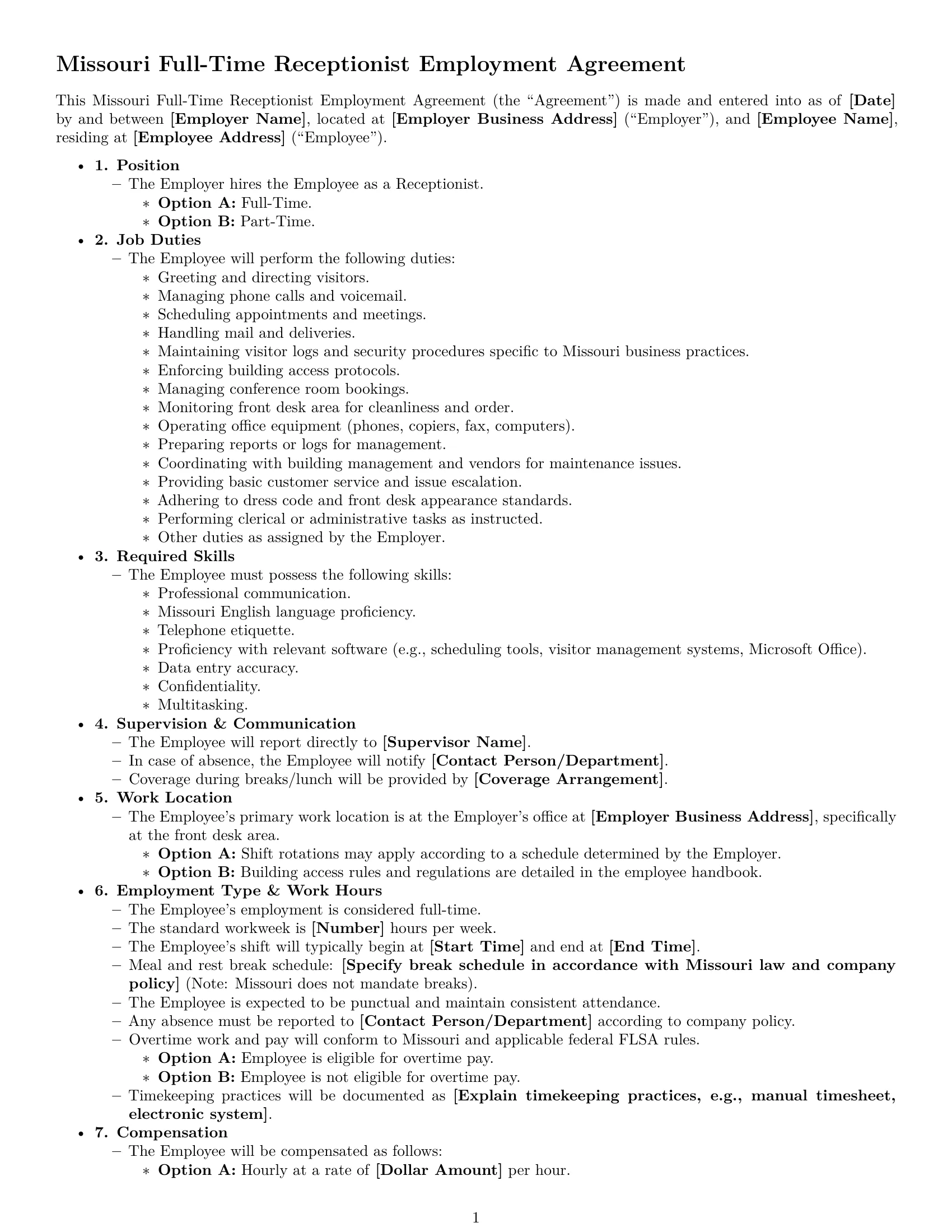 Preview page 1 of Free Missouri receptionist employment contract template