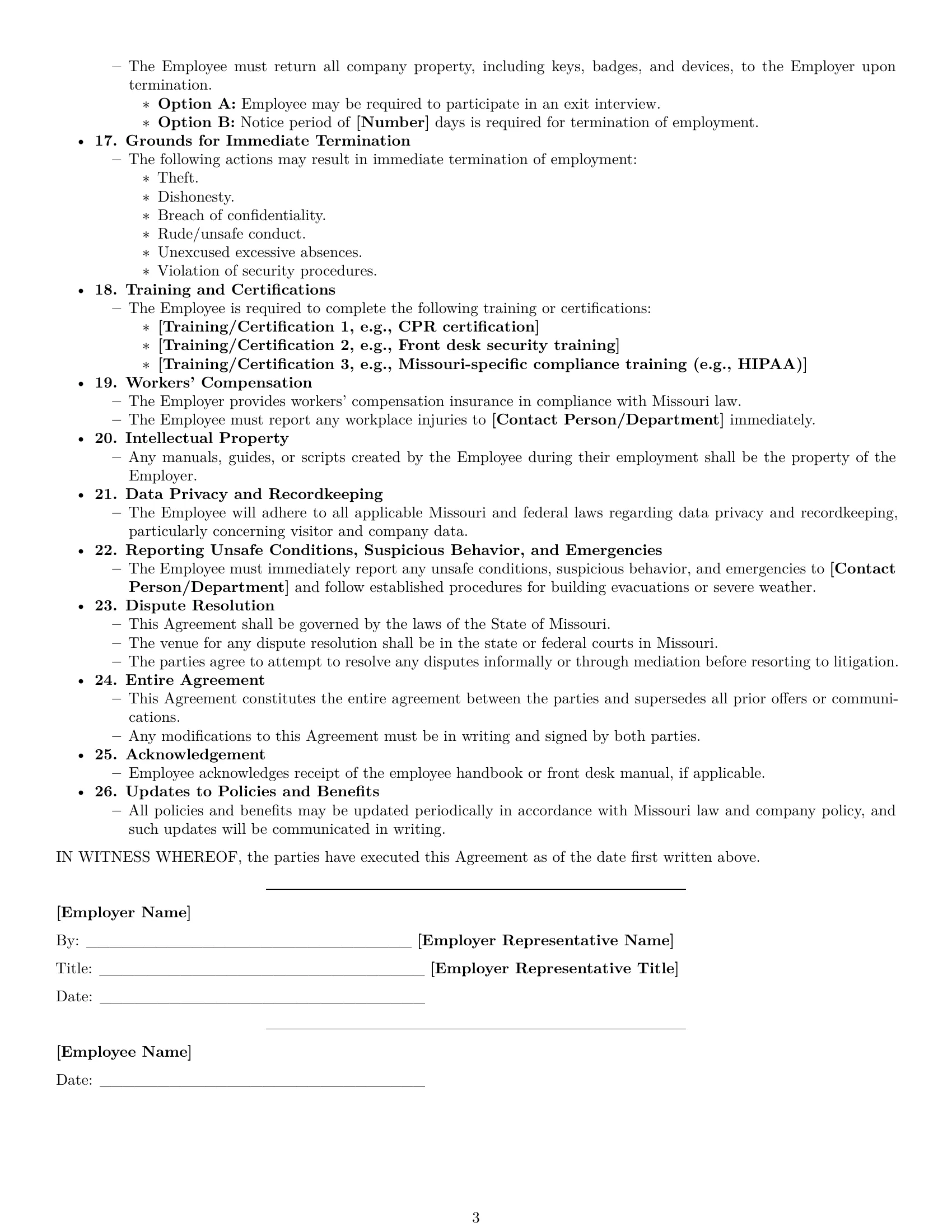 Preview page 3 of Free Missouri receptionist employment contract template