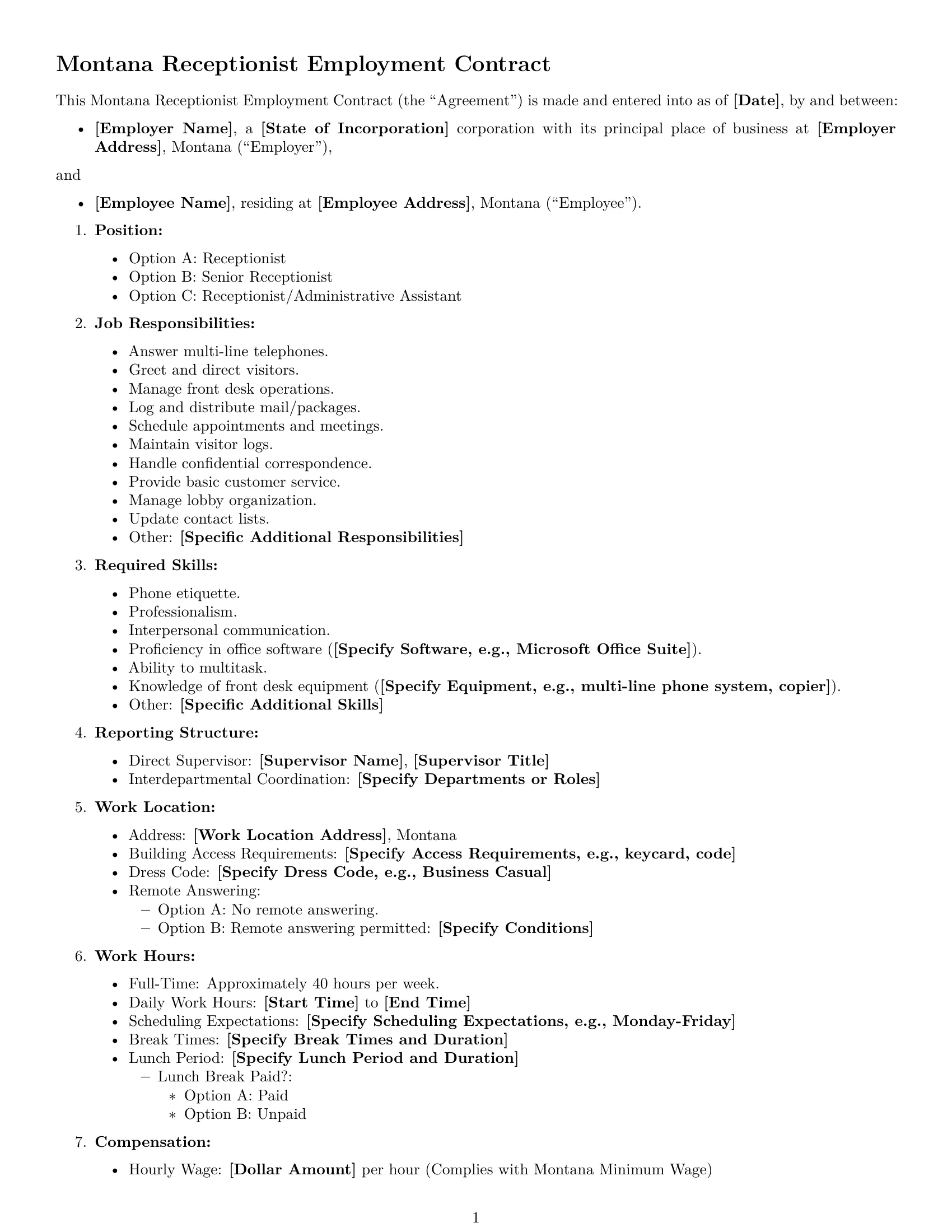 Preview page 1 of Free Montana receptionist employment contract template