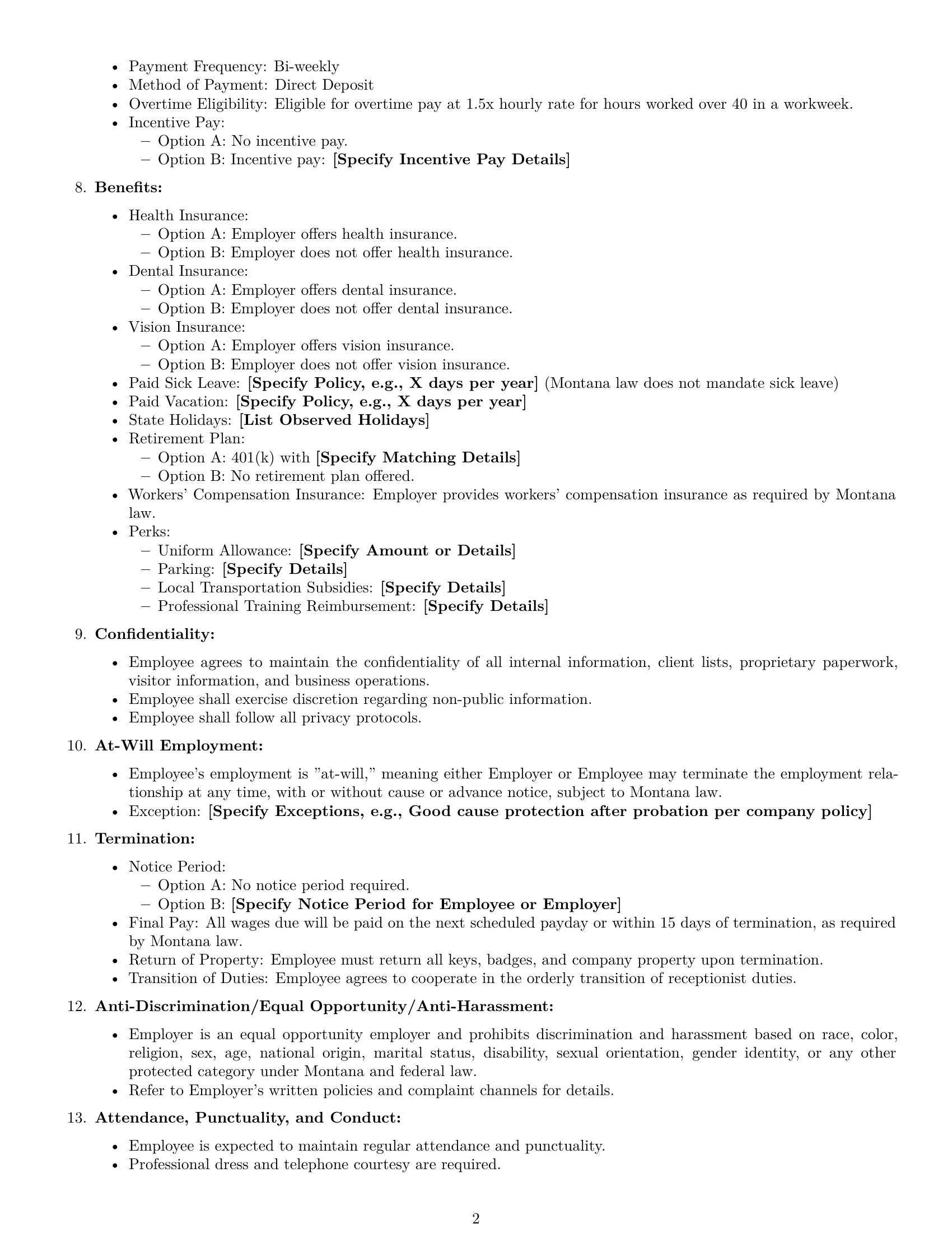 Preview page 2 of Free Montana receptionist employment contract template