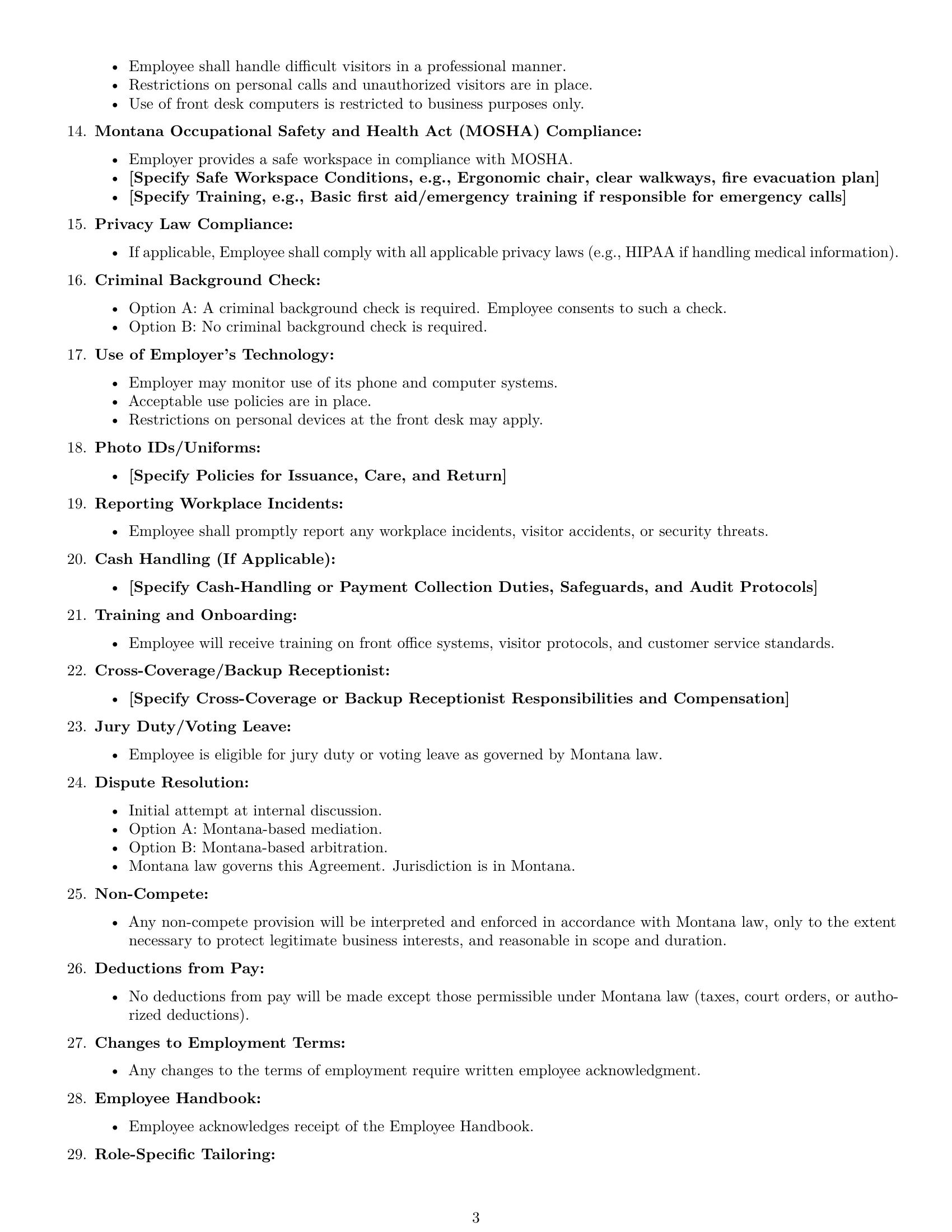 Preview page 3 of Free Montana receptionist employment contract template