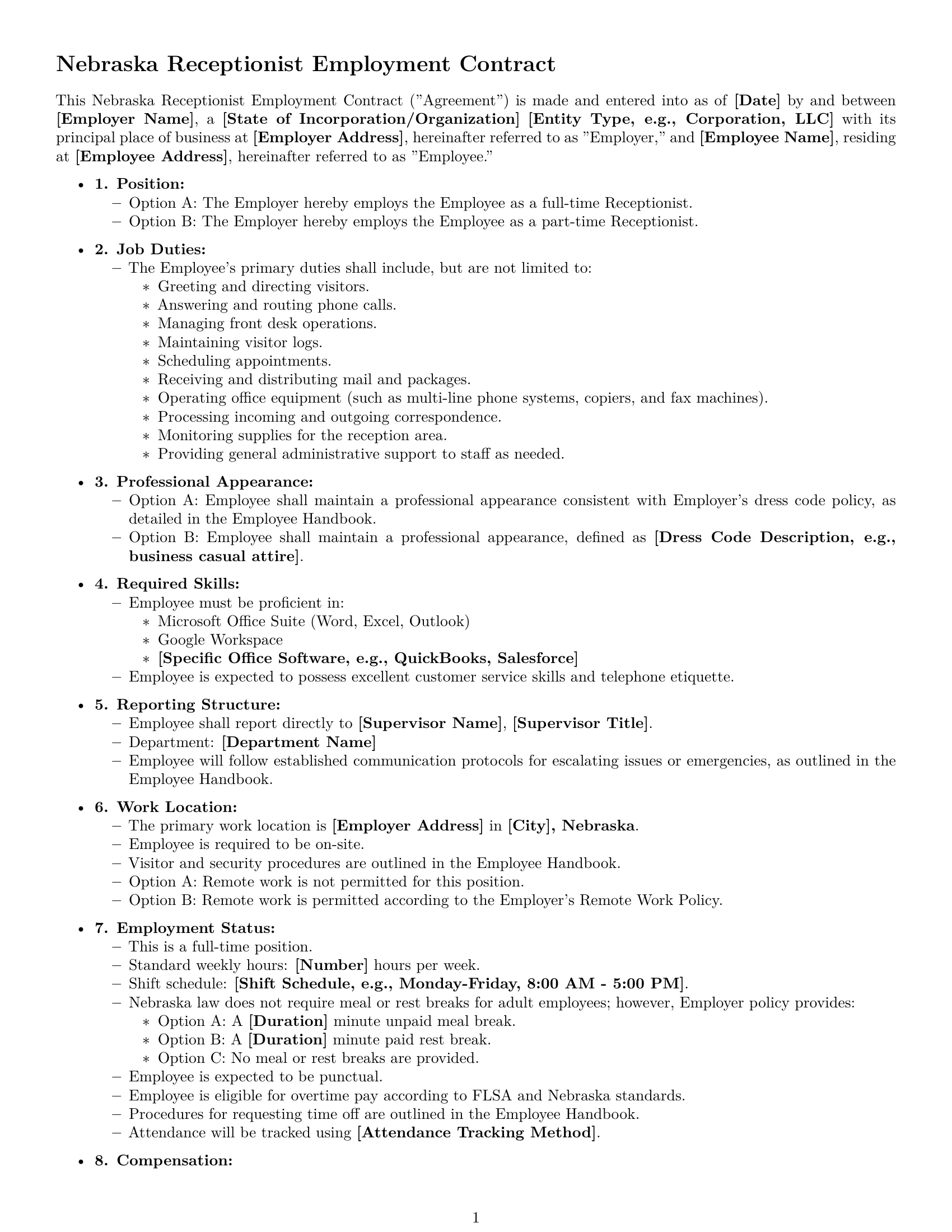 Preview page 1 of Free Nebraska receptionist employment contract template
