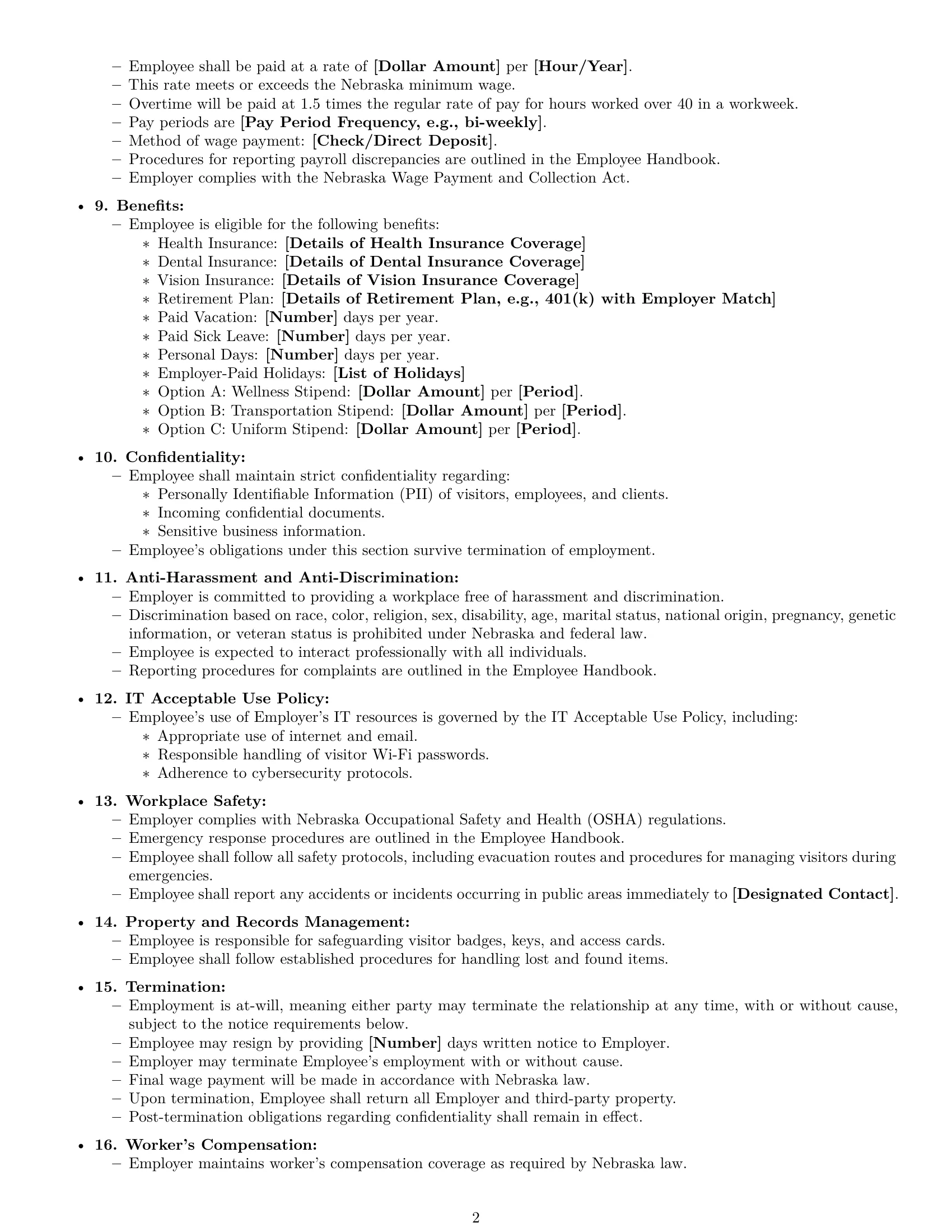 Preview page 2 of Free Nebraska receptionist employment contract template