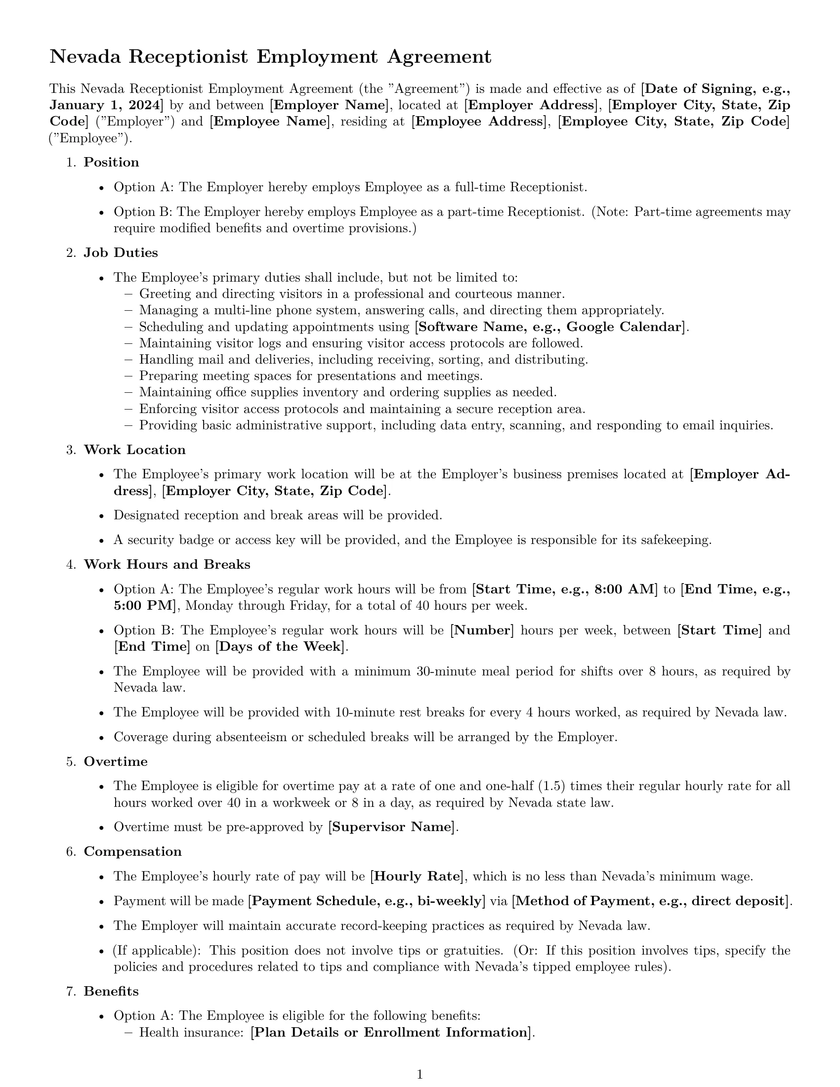 Preview page 1 of Free Nevada receptionist employment contract template
