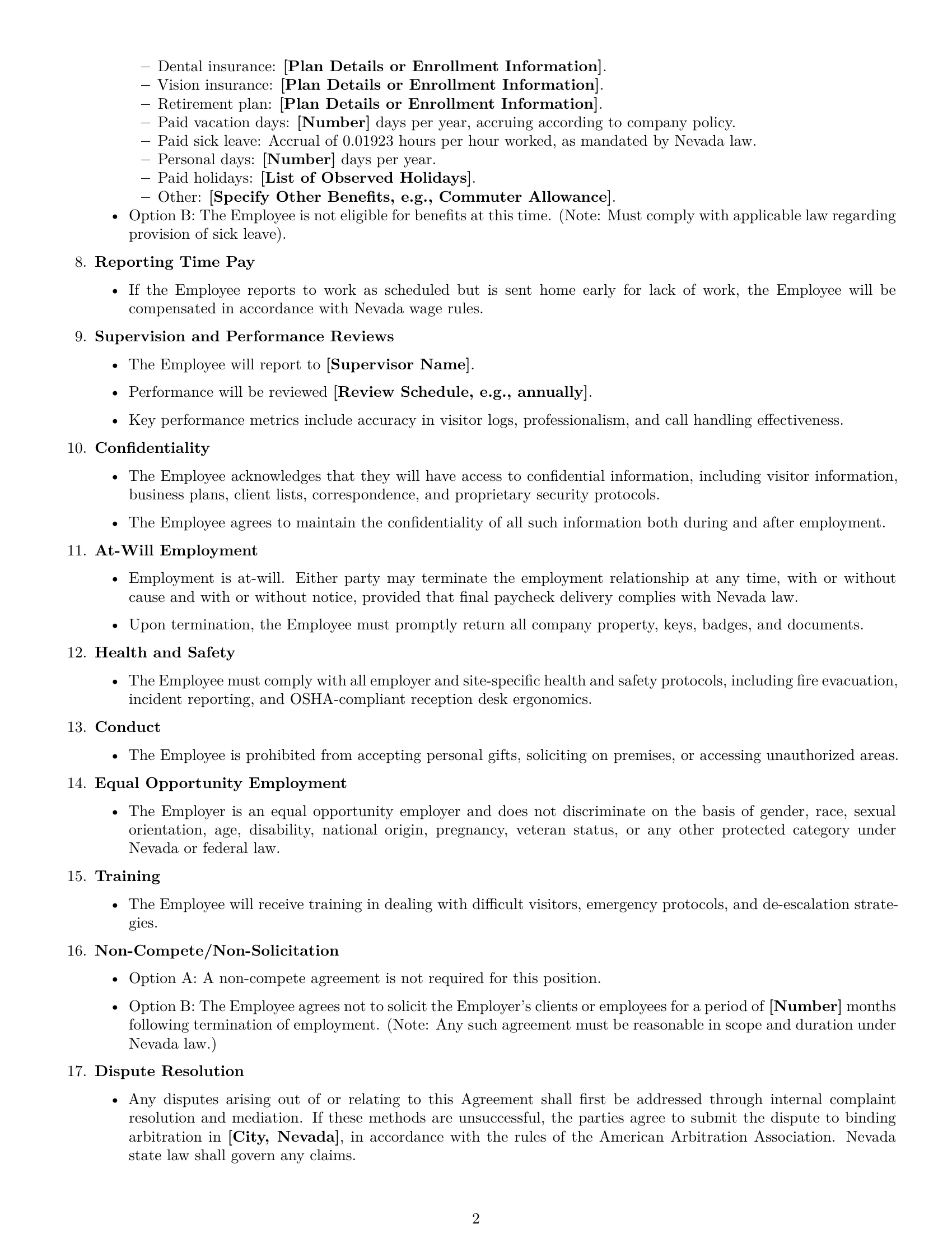 Preview page 2 of Free Nevada receptionist employment contract template