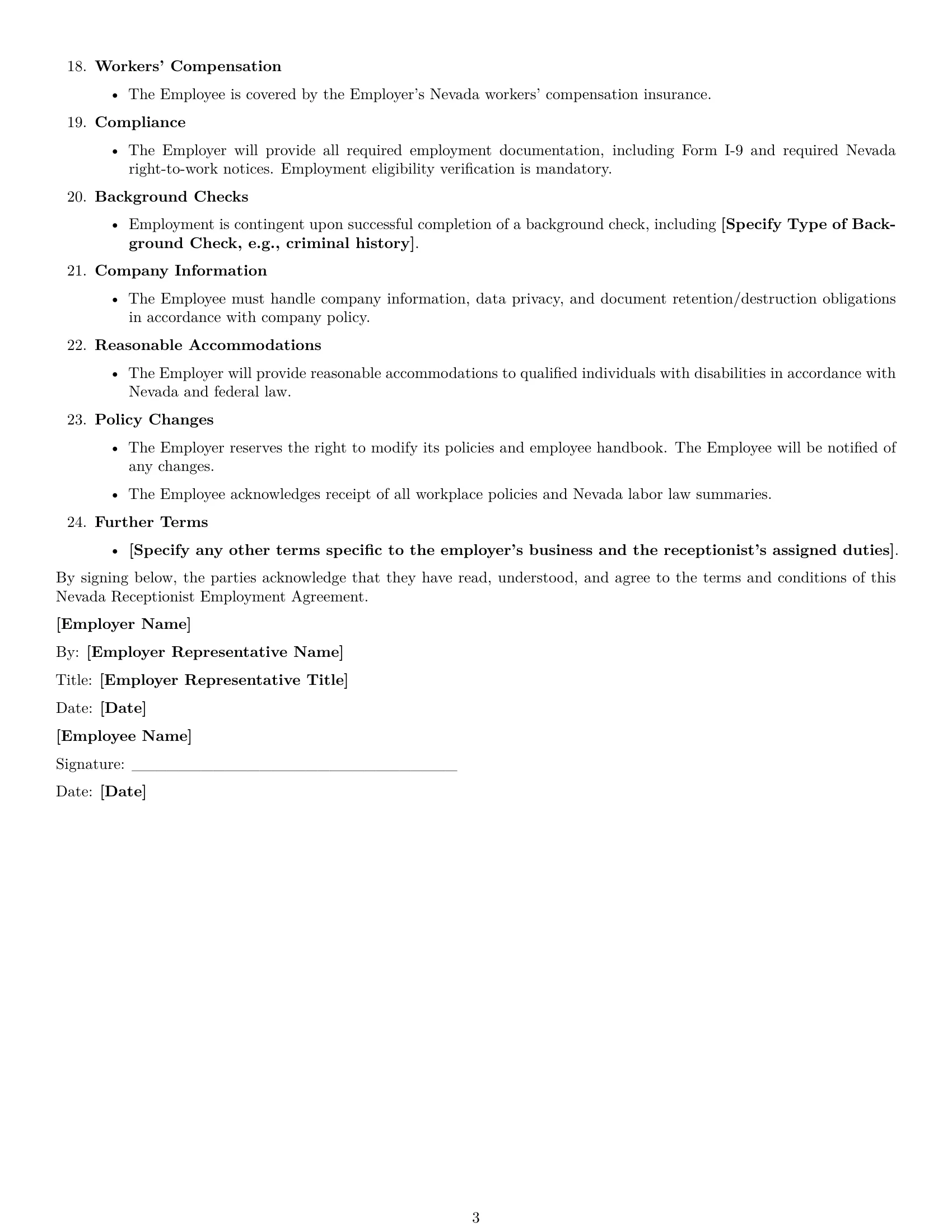 Preview page 3 of Free Nevada receptionist employment contract template