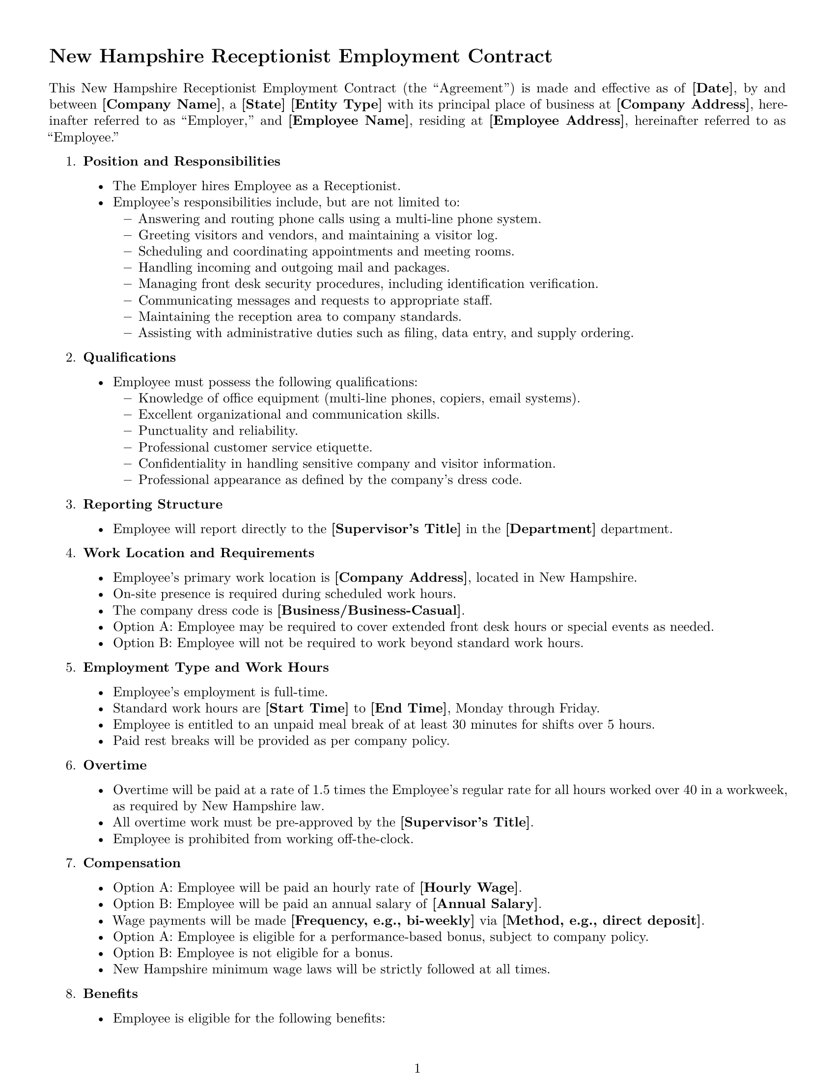 Preview page 1 of Free New Hampshire receptionist employment contract template