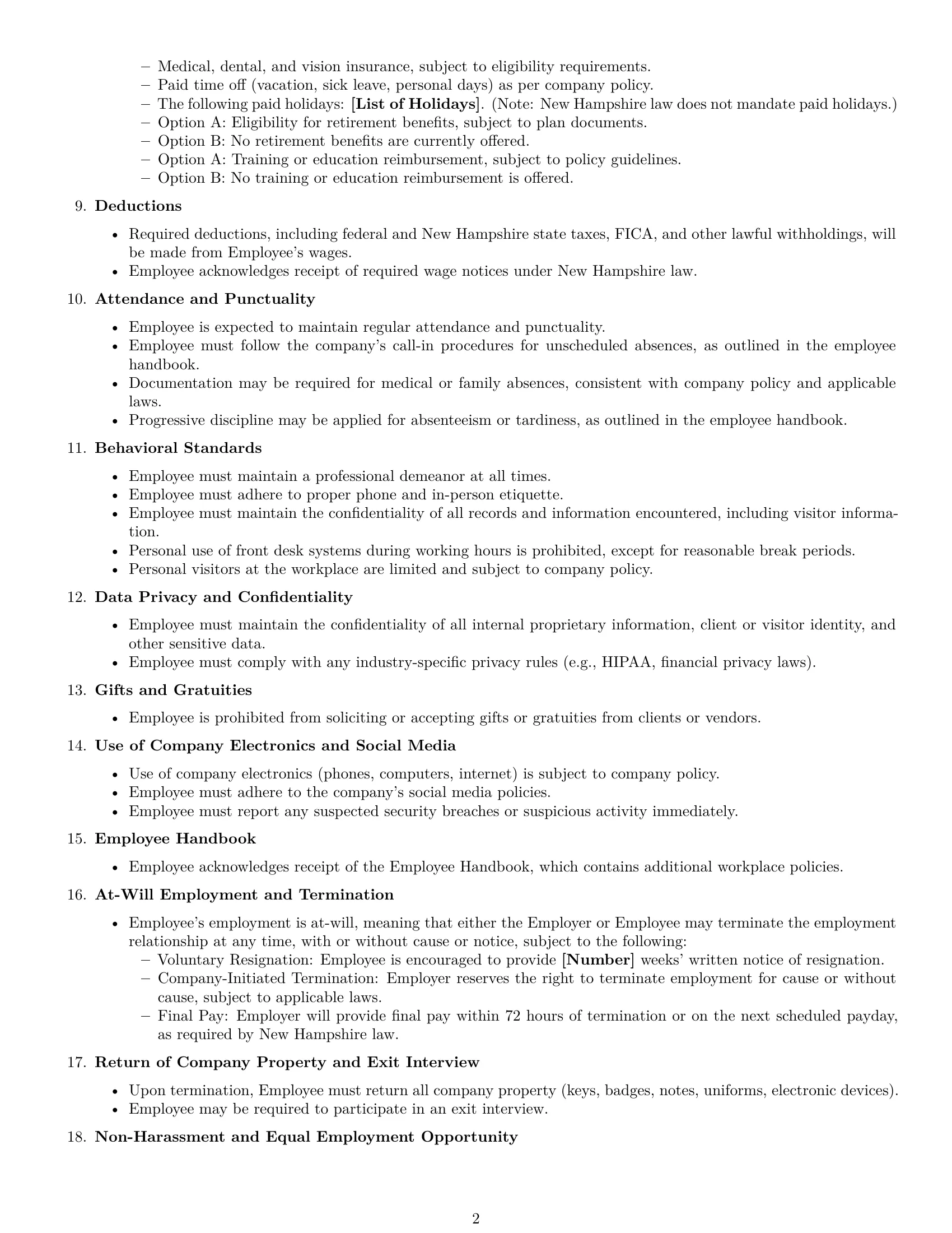 Preview page 2 of Free New Hampshire receptionist employment contract template