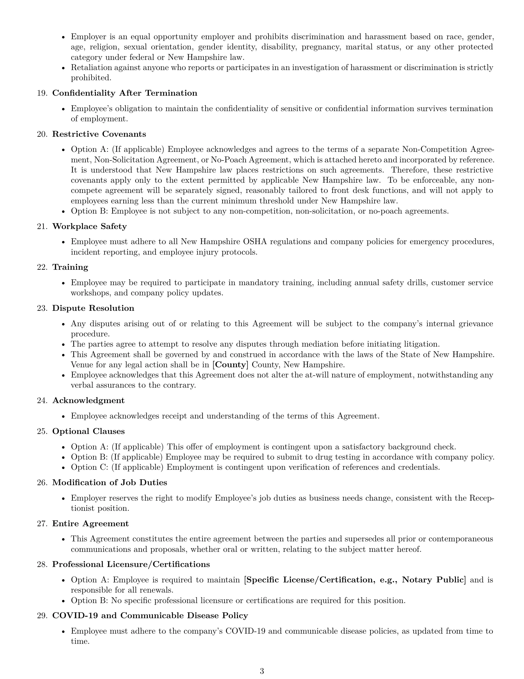 Preview page 3 of Free New Hampshire receptionist employment contract template