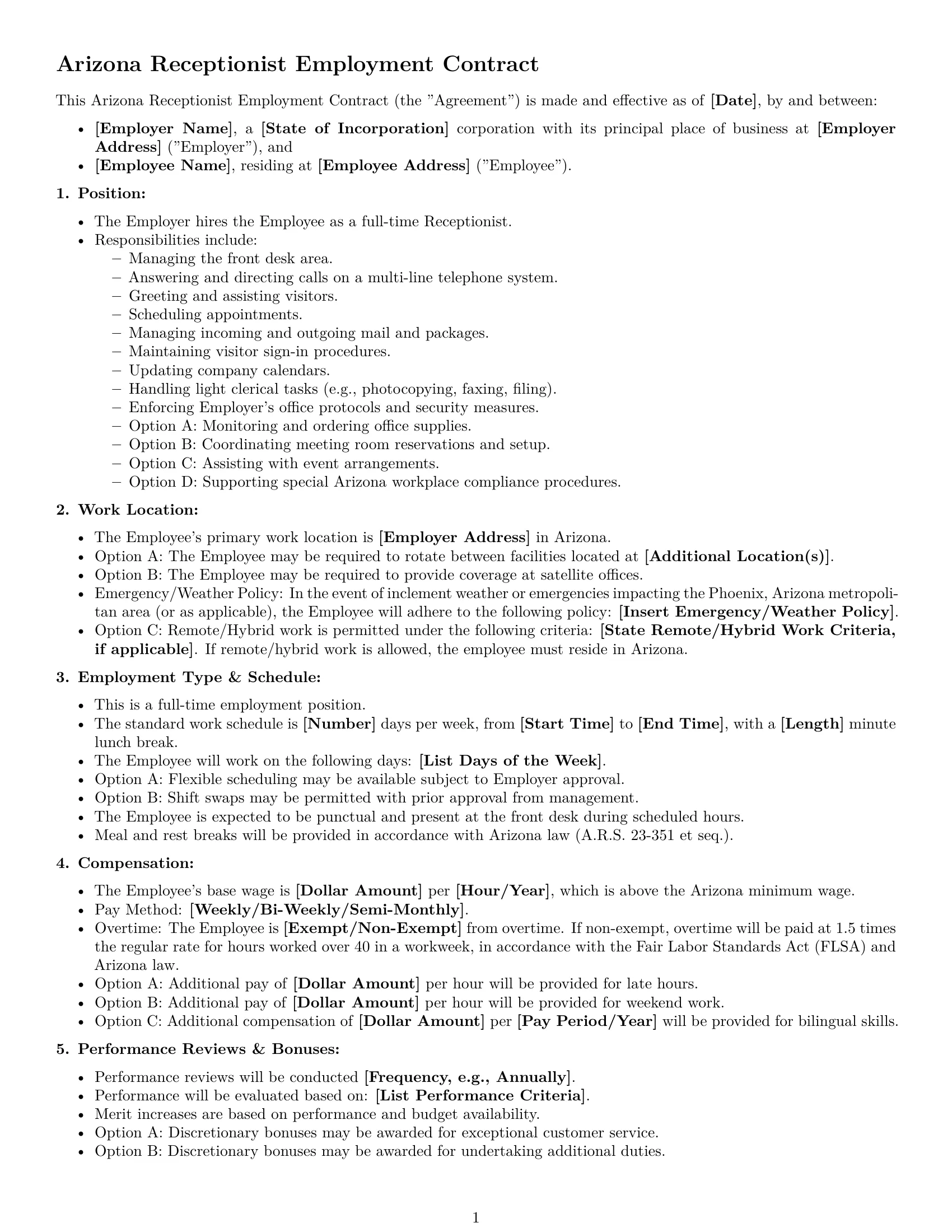 Preview page 1 of Free Arizona receptionist employment contract template