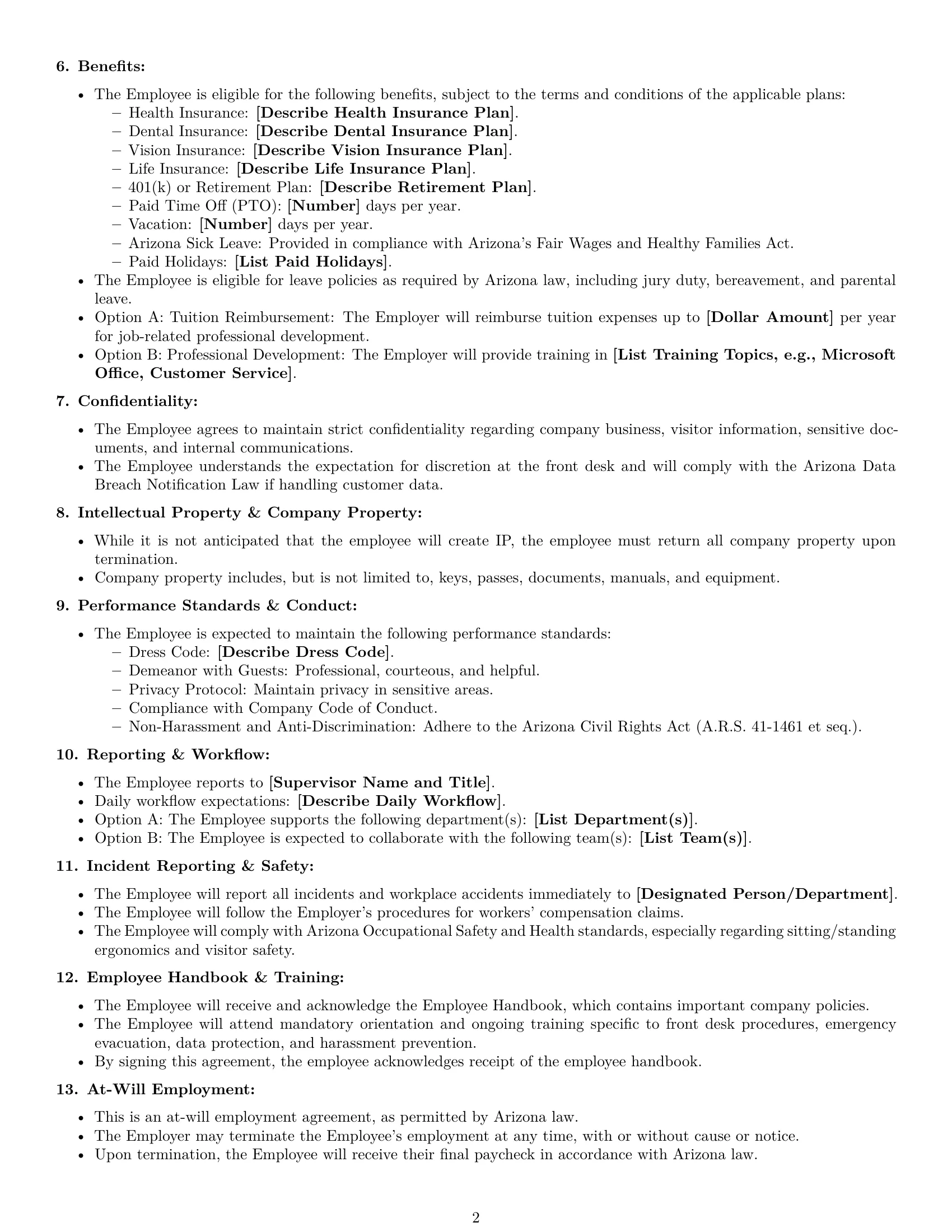 Preview page 2 of Free Arizona receptionist employment contract template