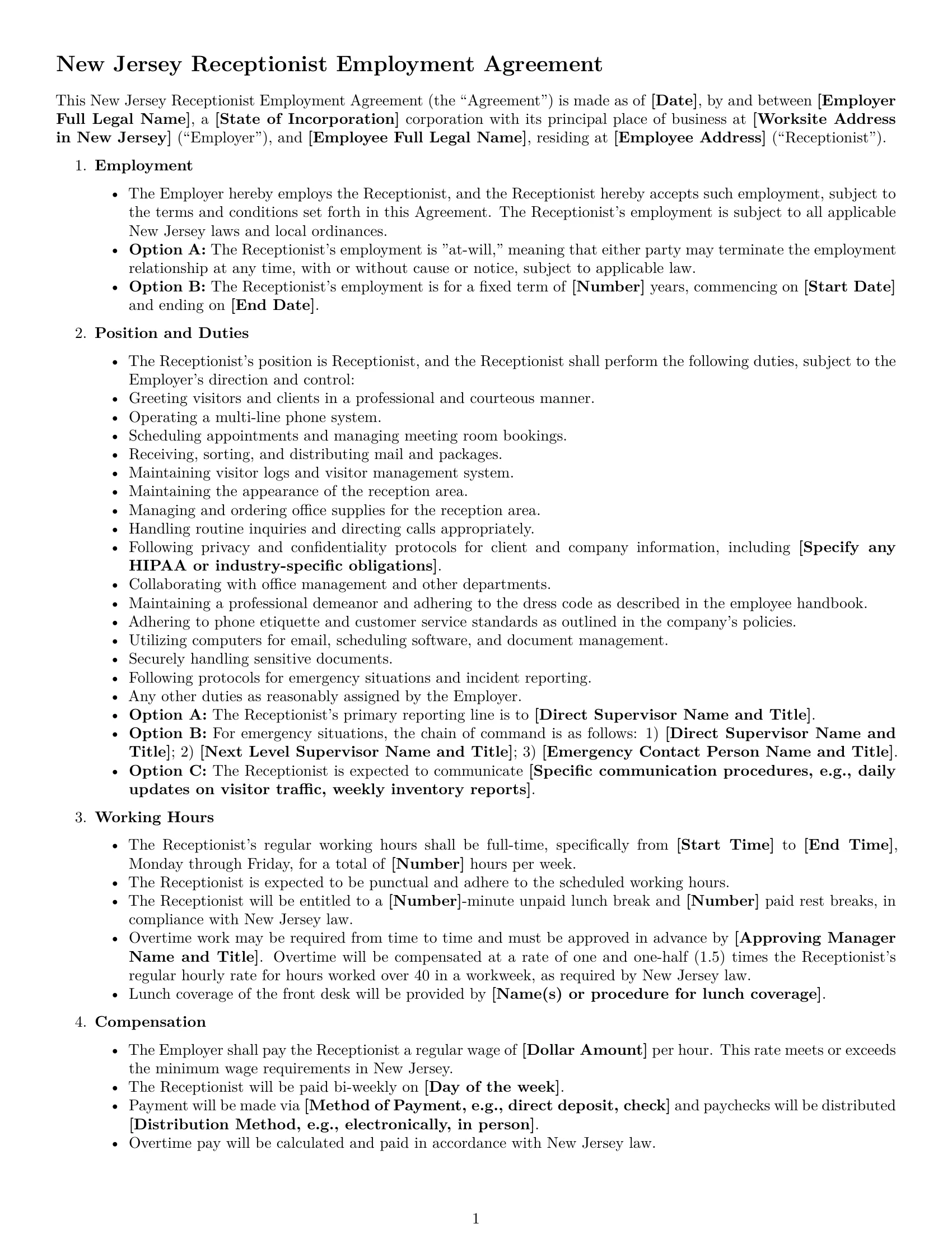 Preview page 1 of Free New Jersey receptionist employment contract template