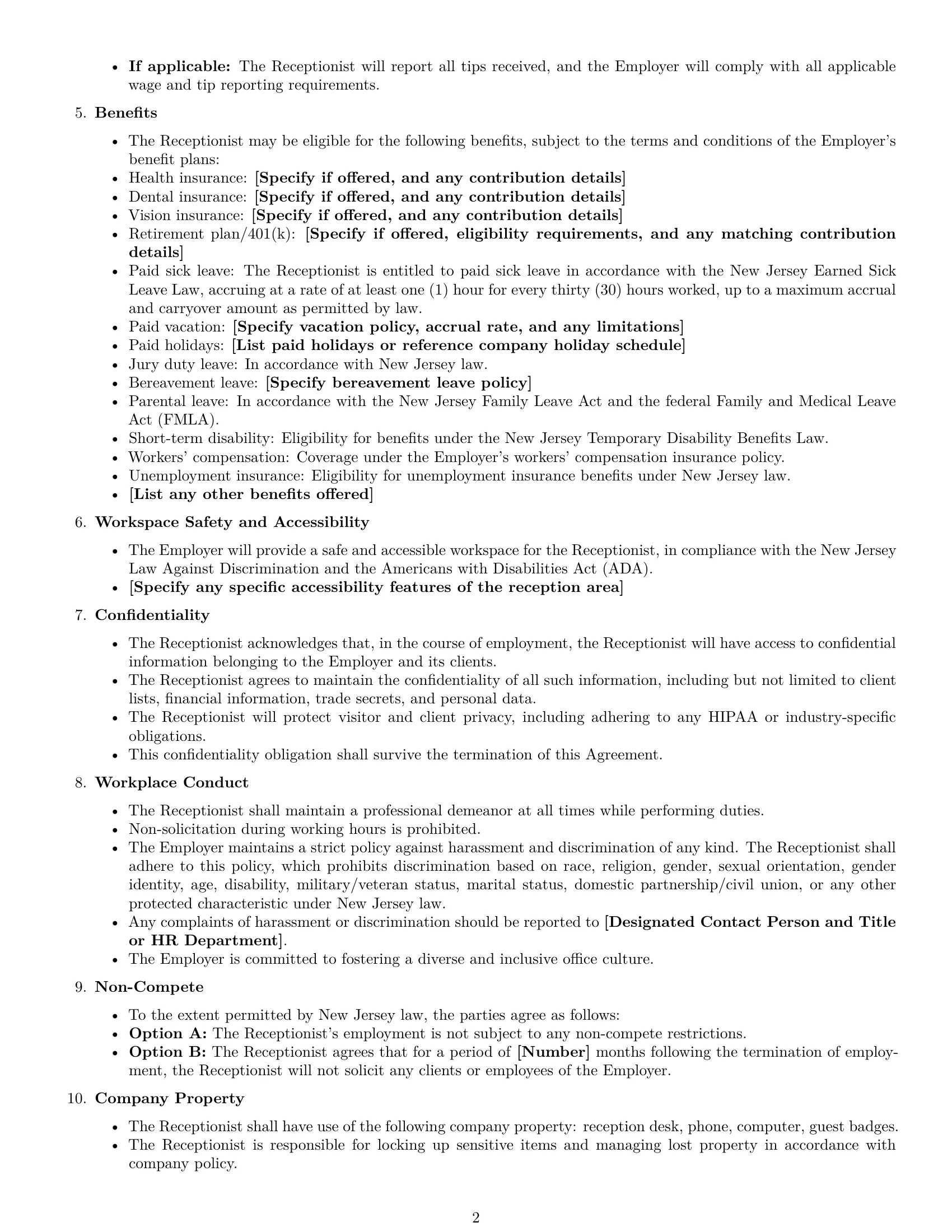 Preview page 2 of Free New Jersey receptionist employment contract template