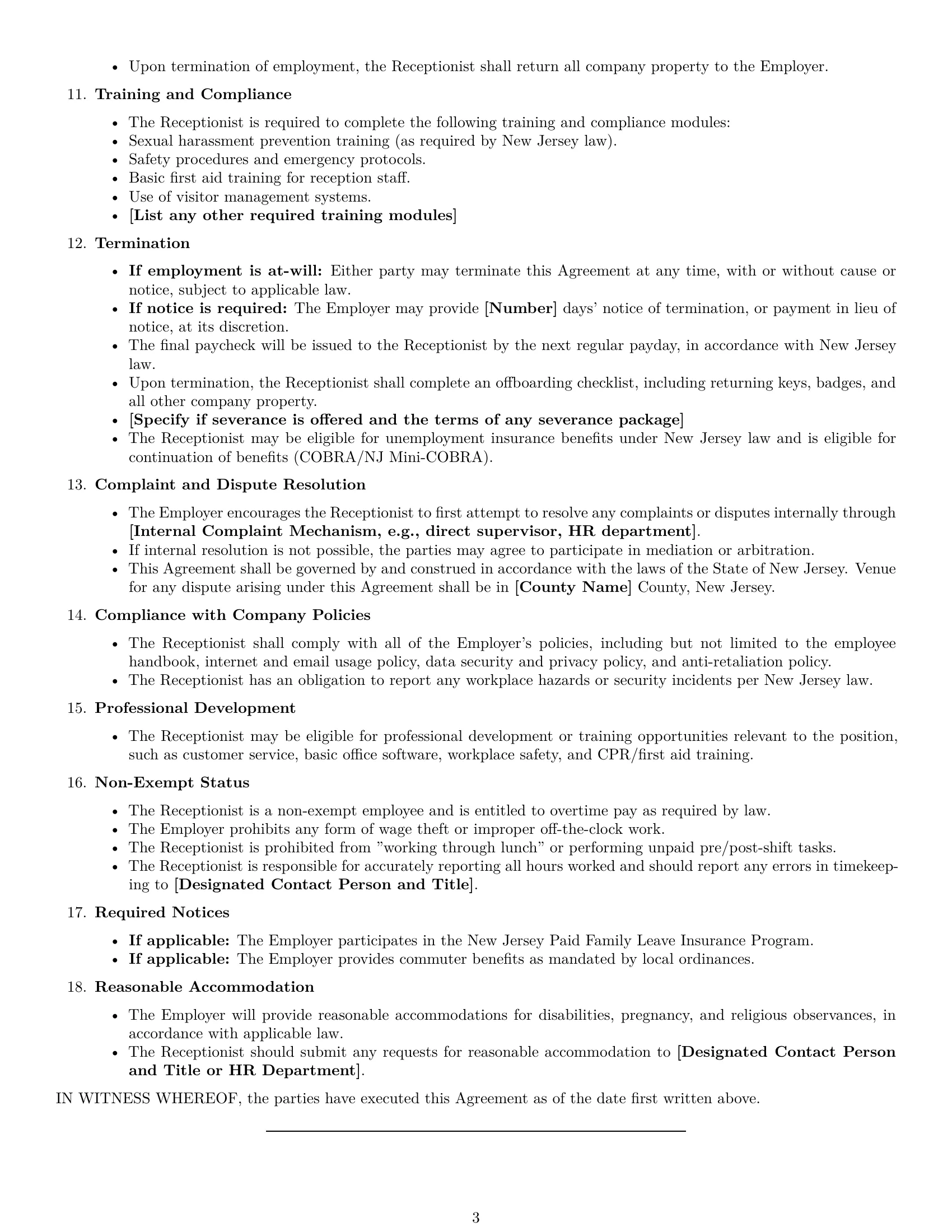 Preview page 3 of Free New Jersey receptionist employment contract template