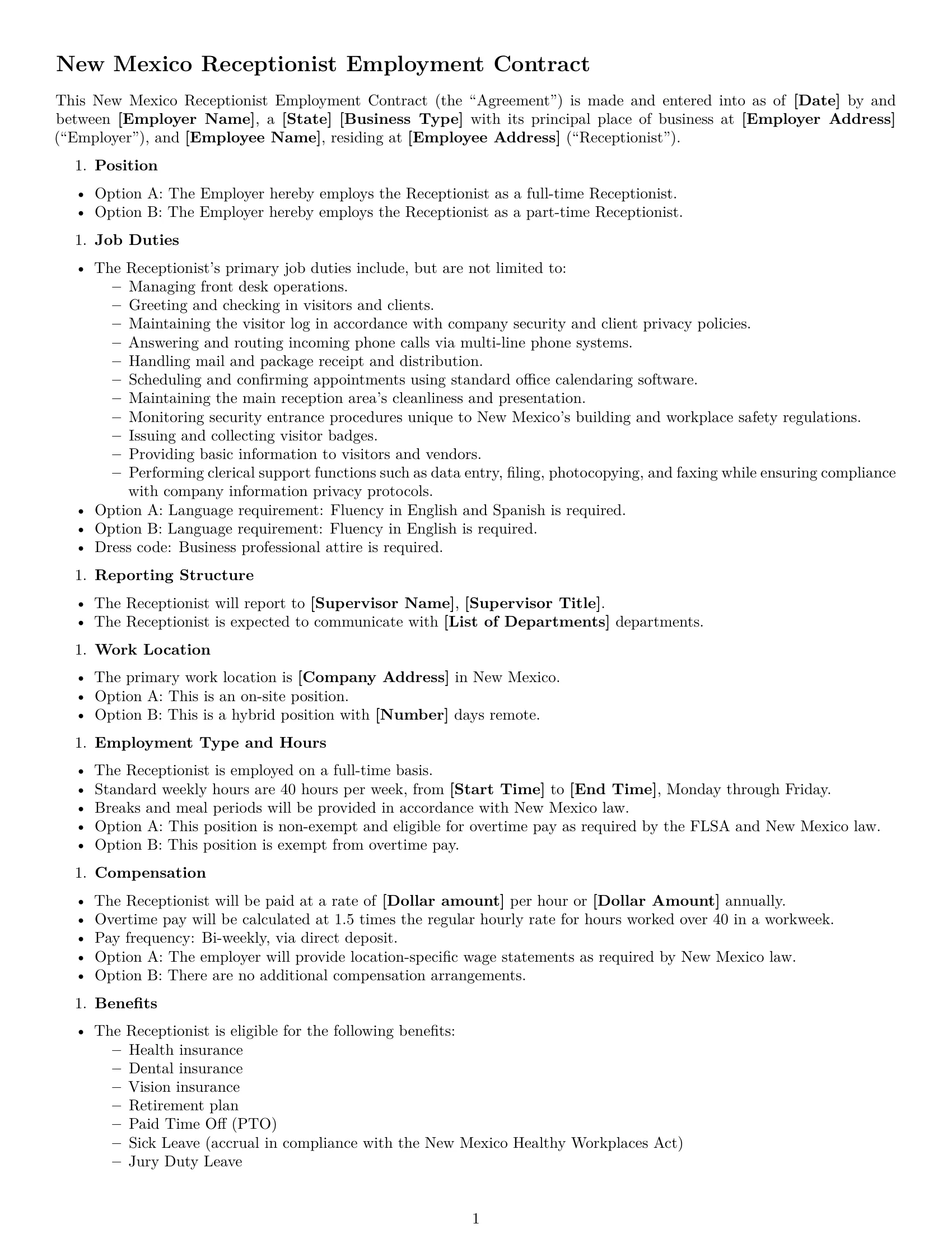 Preview page 1 of Free New Mexico receptionist employment contract template