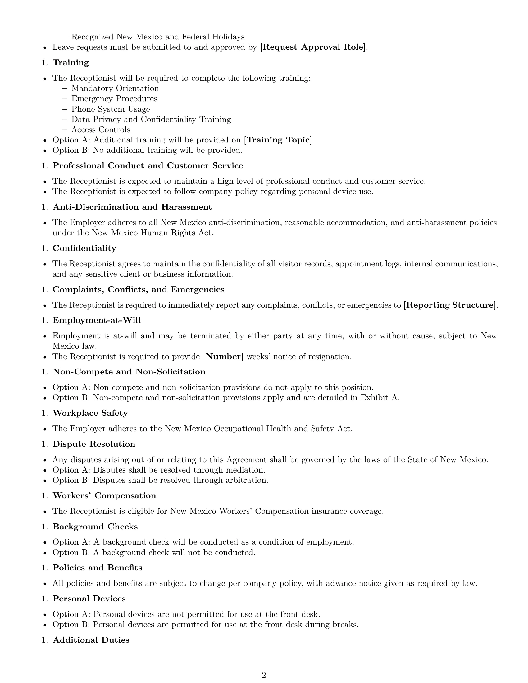 Preview page 2 of Free New Mexico receptionist employment contract template