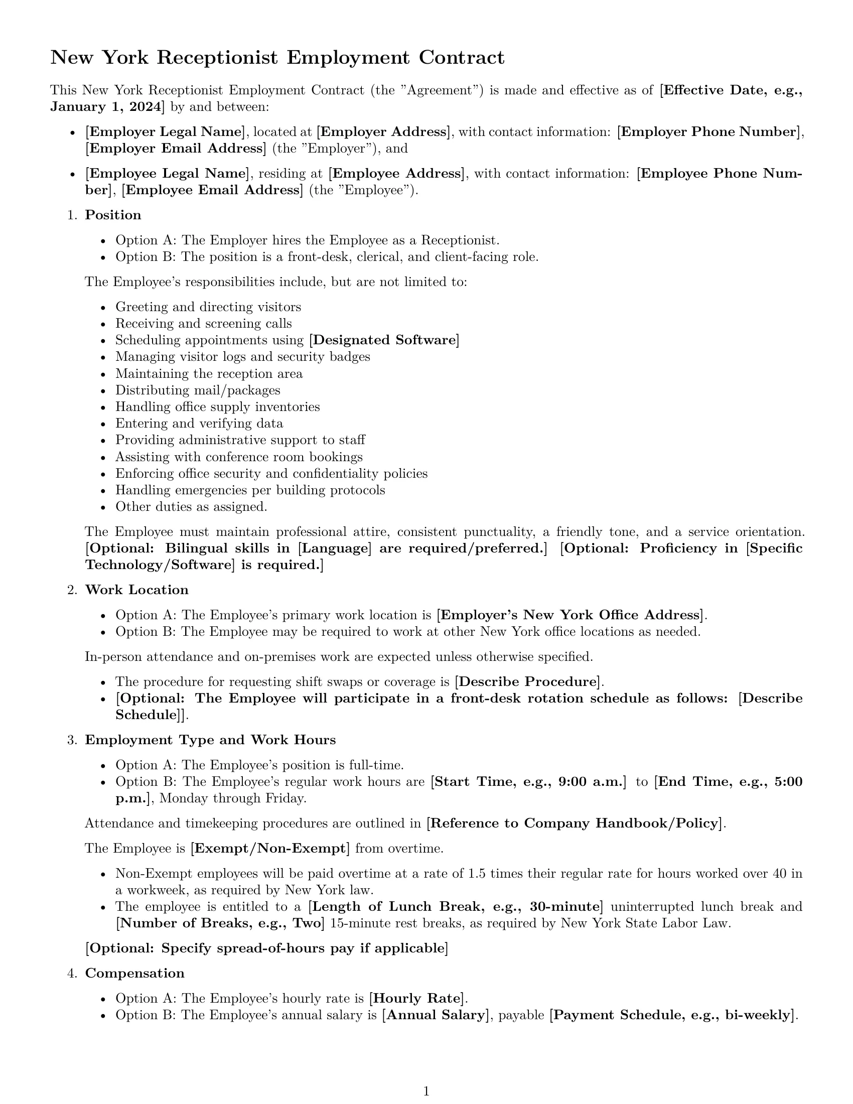 Preview page 1 of Free New York receptionist employment contract template