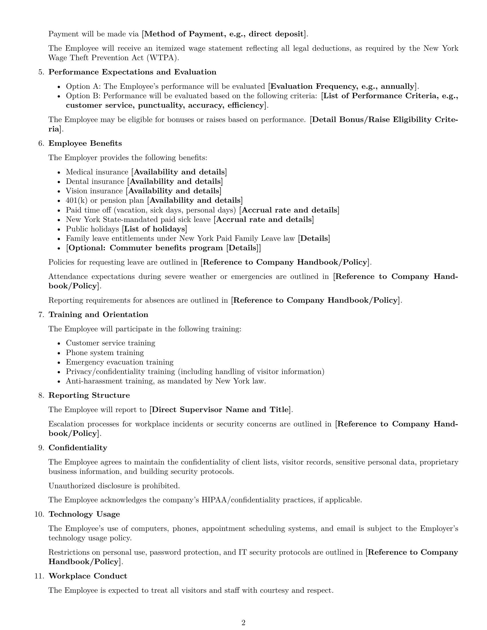 Preview page 2 of Free New York receptionist employment contract template