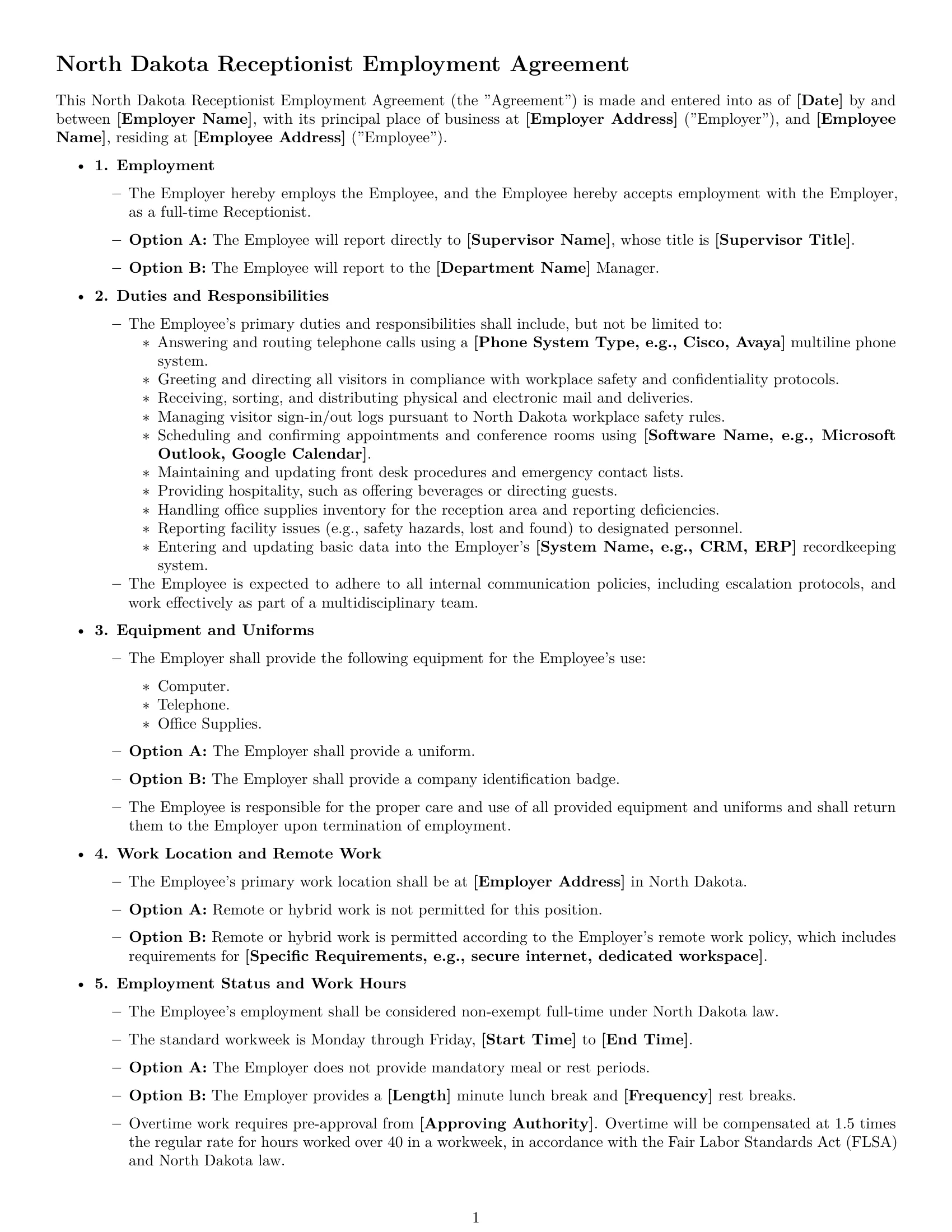 Preview page 1 of Free North Dakota receptionist employment contract template