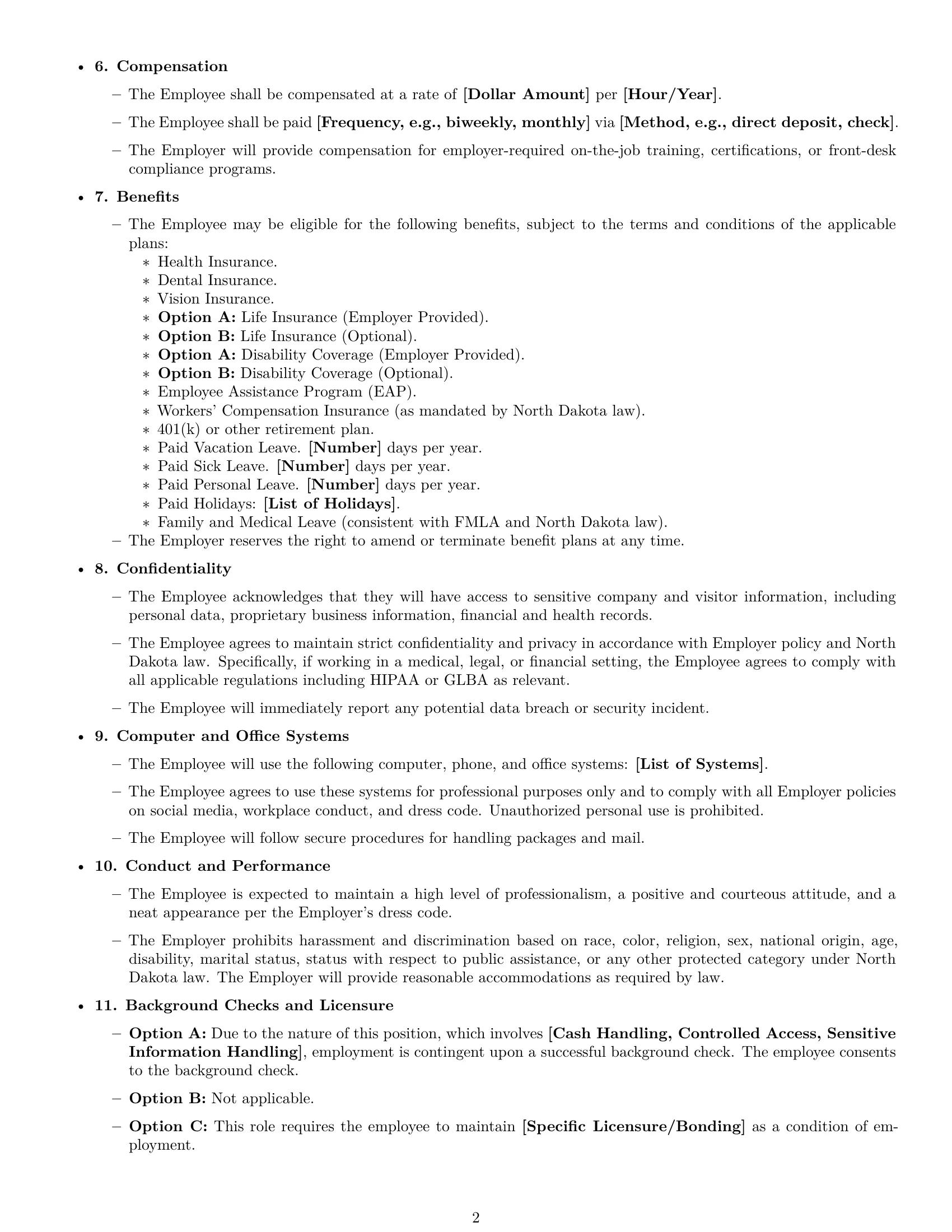 Preview page 2 of Free North Dakota receptionist employment contract template