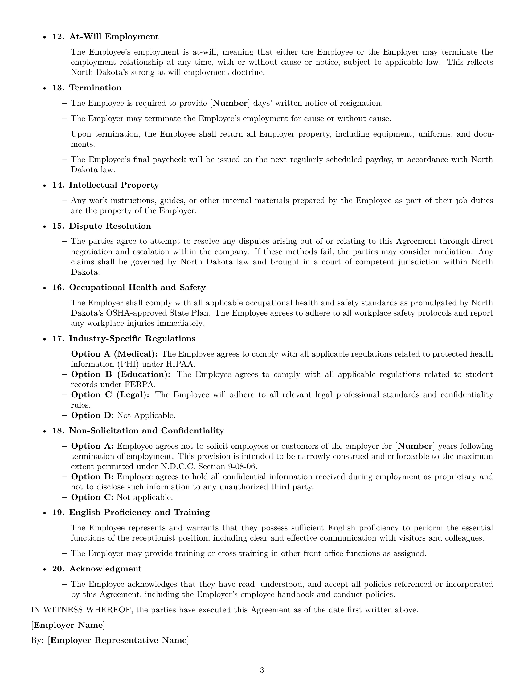 Preview page 3 of Free North Dakota receptionist employment contract template