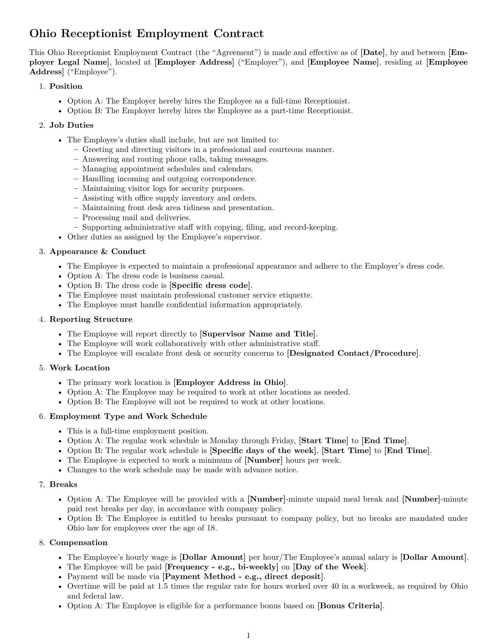 Preview page 1 of Free Ohio receptionist employment contract template