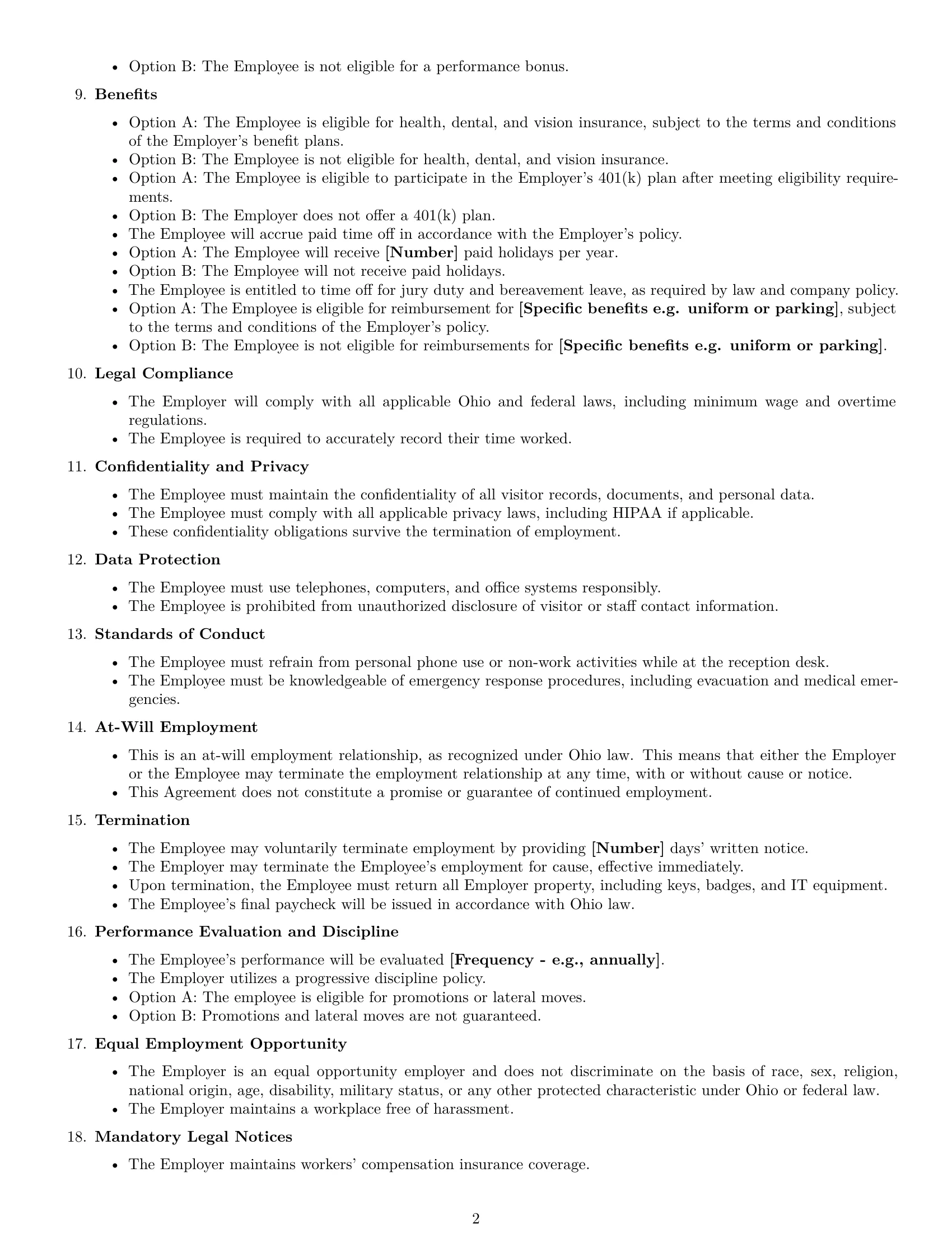 Preview page 2 of Free Ohio receptionist employment contract template