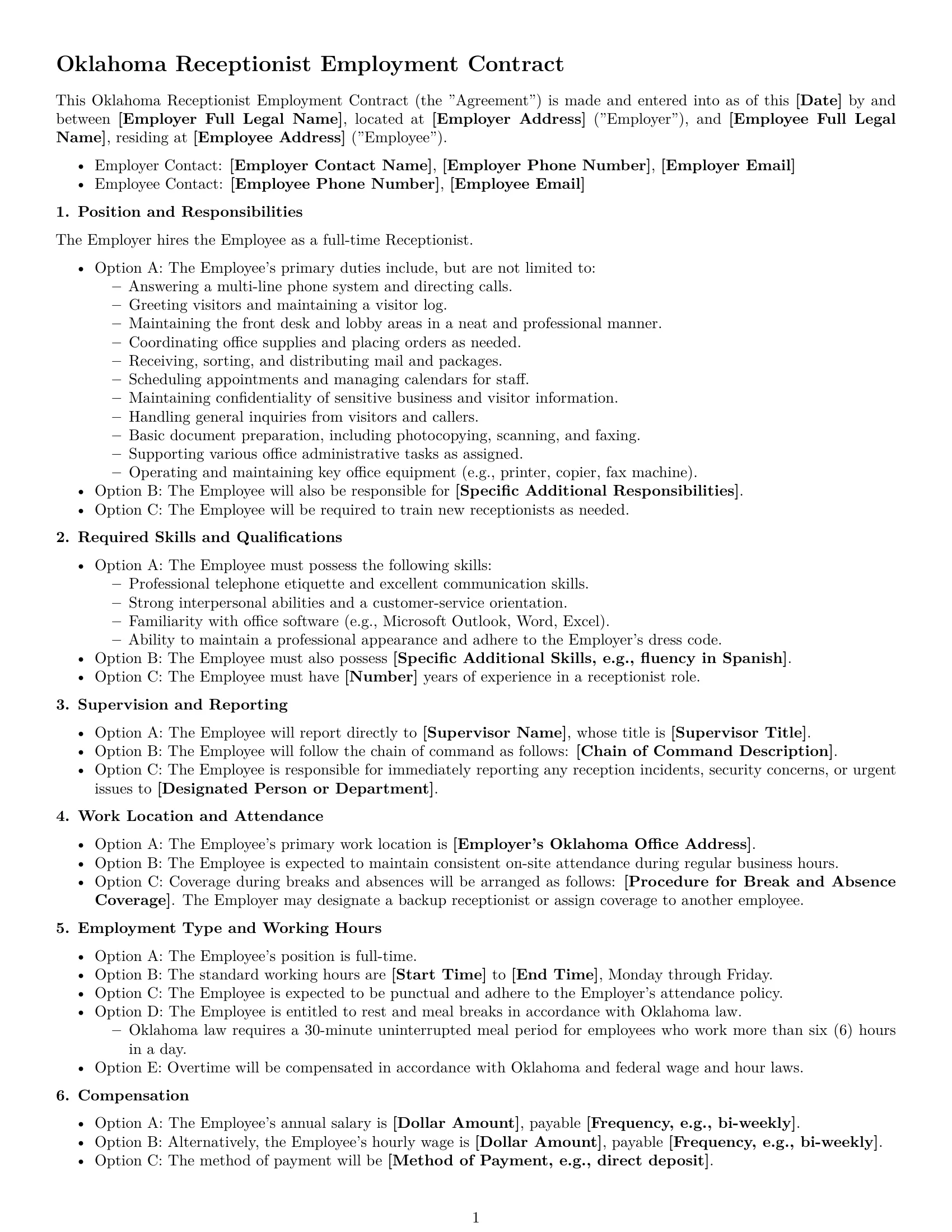 Preview page 1 of Free Oklahoma receptionist employment contract template