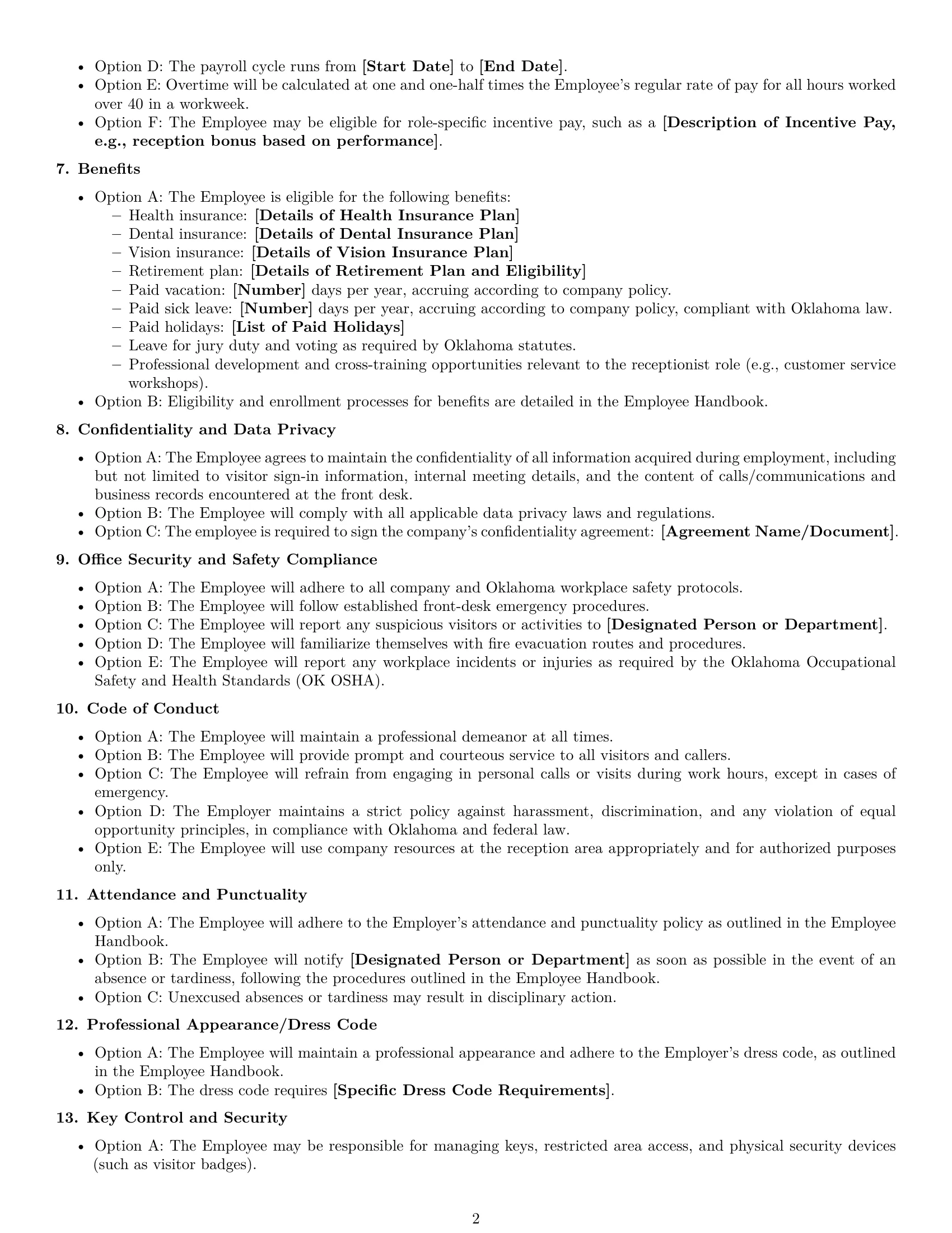 Preview page 2 of Free Oklahoma receptionist employment contract template