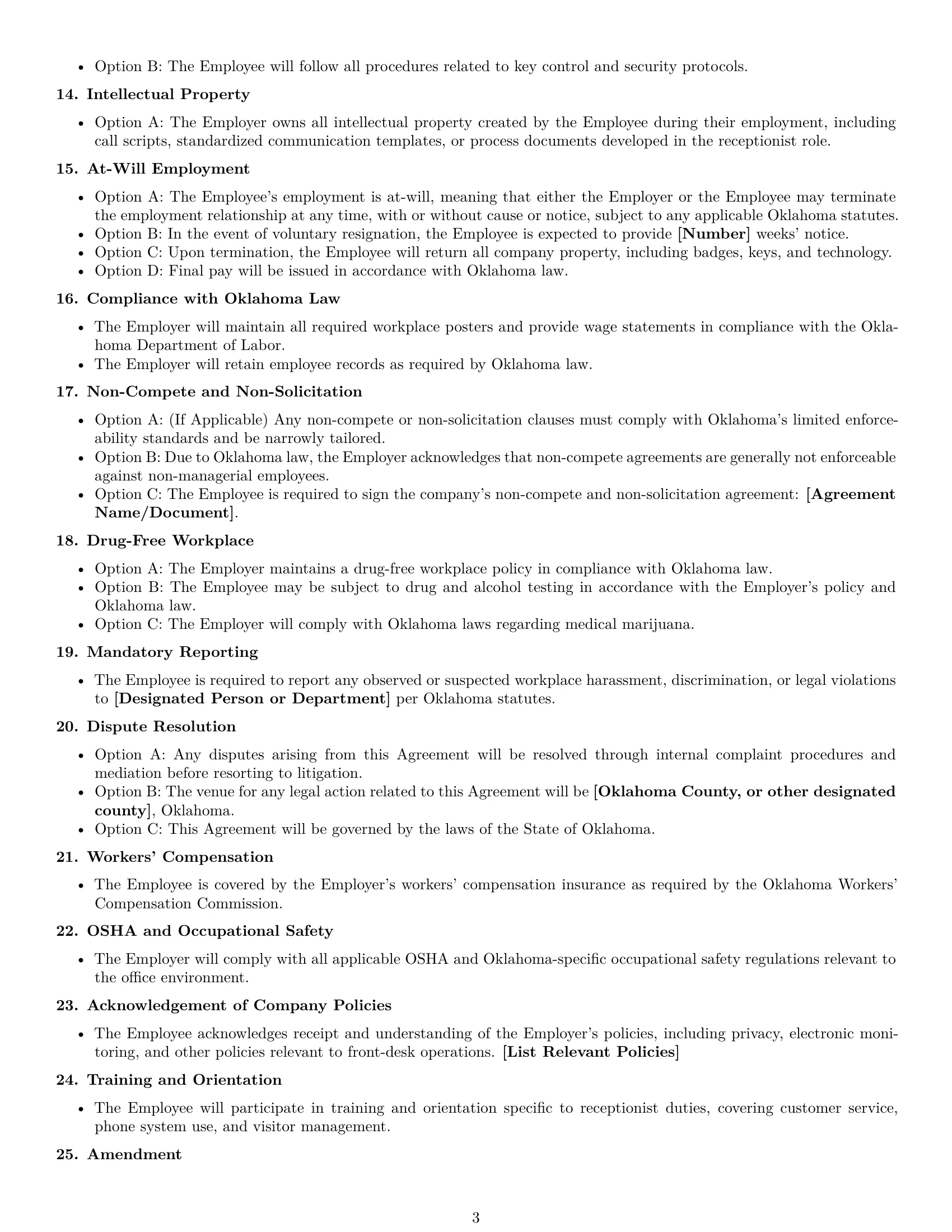 Preview page 3 of Free Oklahoma receptionist employment contract template